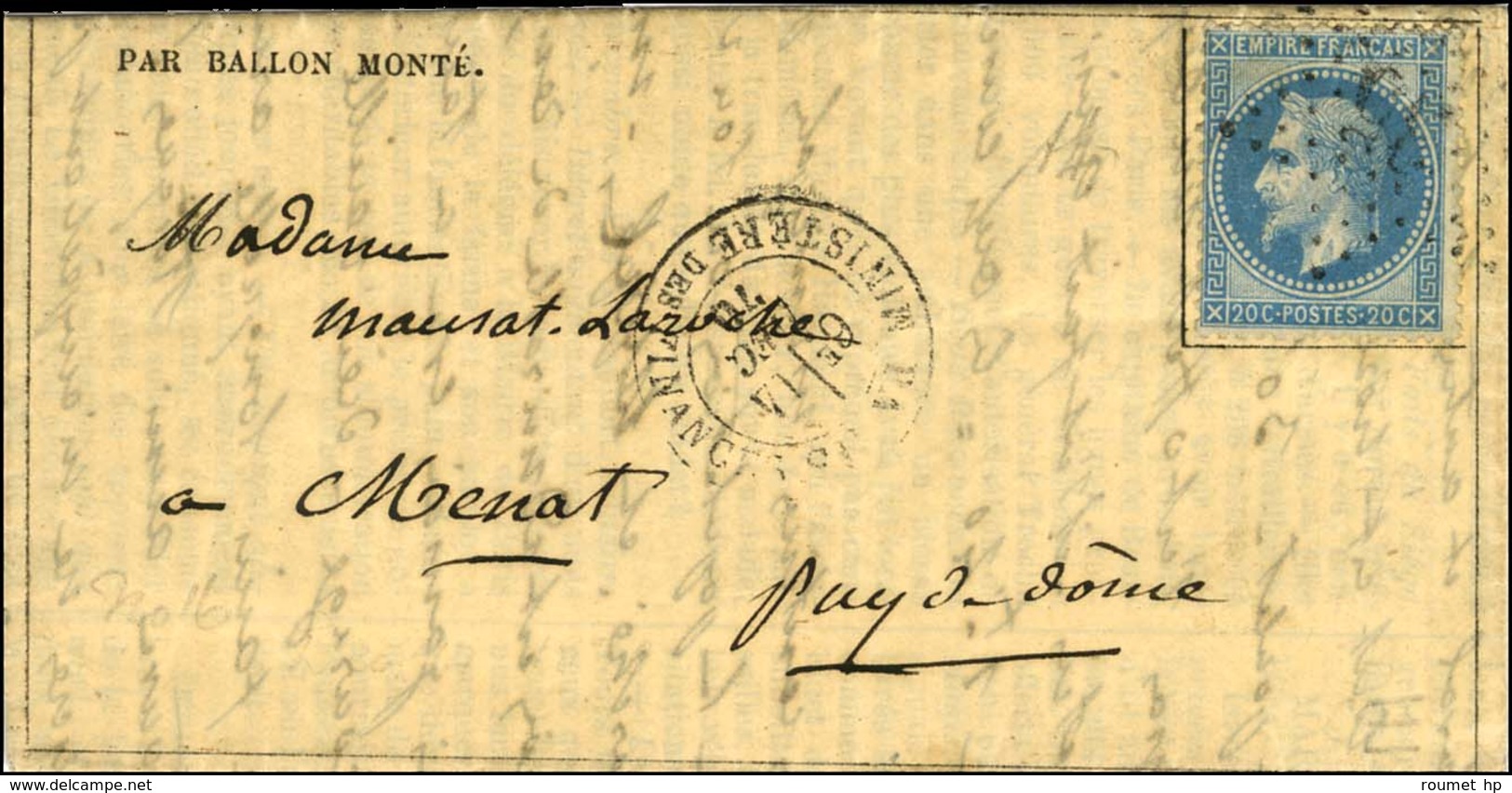 Etoile 35 / N° 29 Càd PARIS / MINISTERE DES FINANCES 14 DEC. 70 Sur Gazette Des Absents N° 16 Pour Menat (Puy De Dôme),  - War 1870