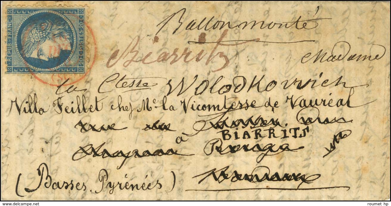 Càd Rouge PARIS (SC) 16 DEC. 70 / N° 37 Sur Lettre Pour Bordeaux Réexpédiée à Biarritz, Au Verso Beau Cachet Bleu Orné G - Krieg 1870