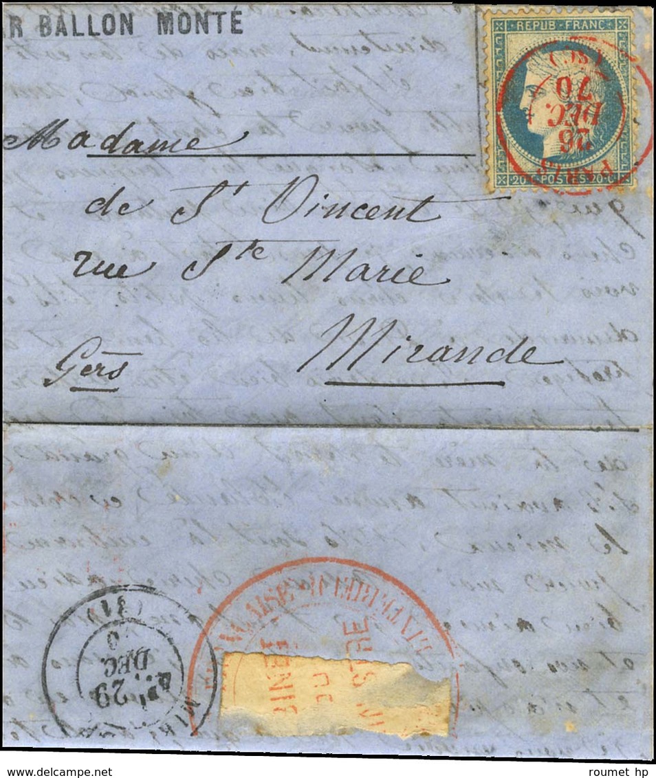 Càd Rouge PARIS (SC) 26 DEC. 70 / N° 37 Sur Lettre PAR BALLON MONTÉ Pour Mirande (Gers), Au Verso Grand Cachet Rouge RÉP - Guerra De 1870