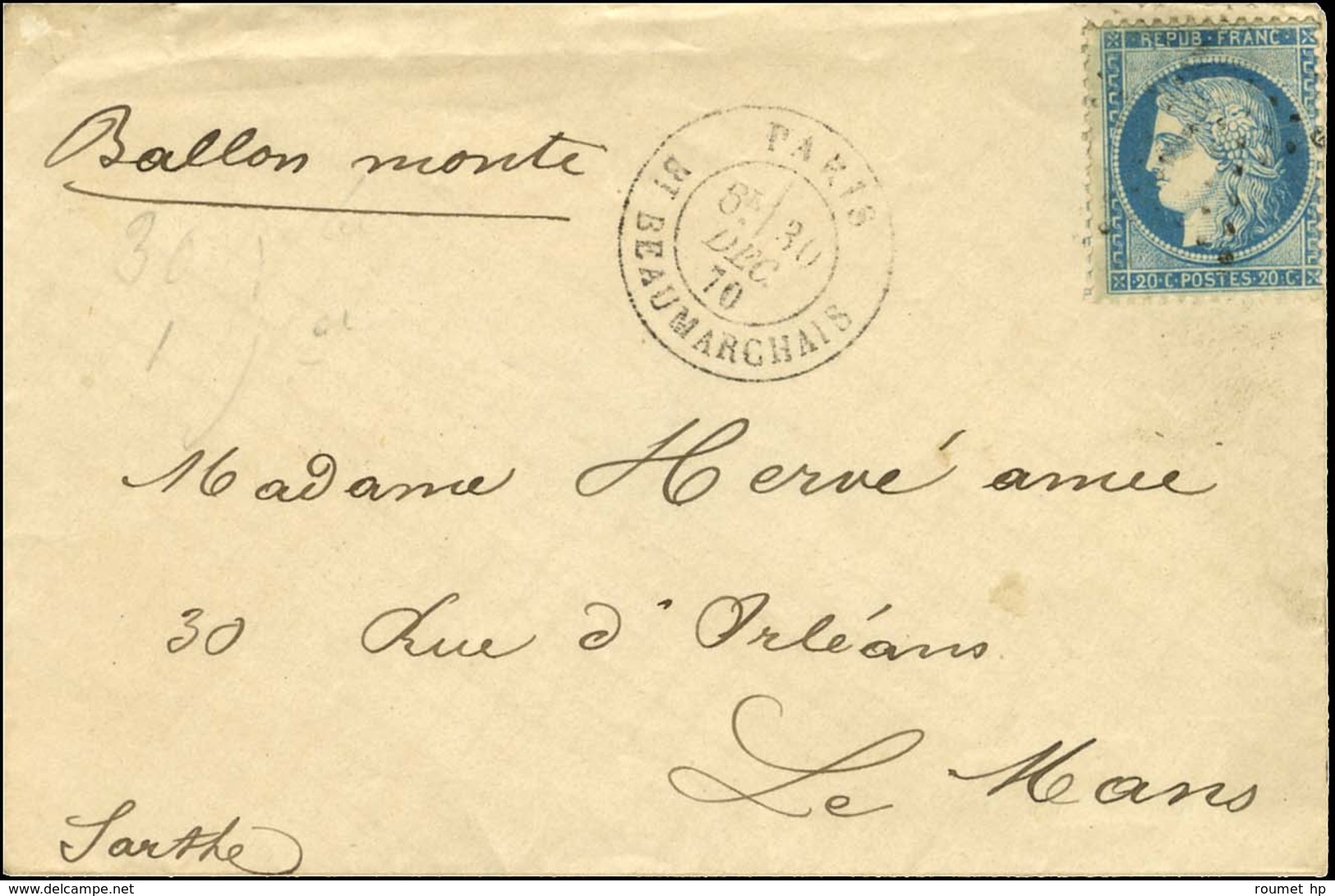Etoile 12 / N° 37 Càd PARIS / BT BEAUMARCHAIS 30 DEC. 70 Sur Lettre Sans Texte Pour Le Mans. Au Verso, Càd D'arrivée 1 J - Krieg 1870