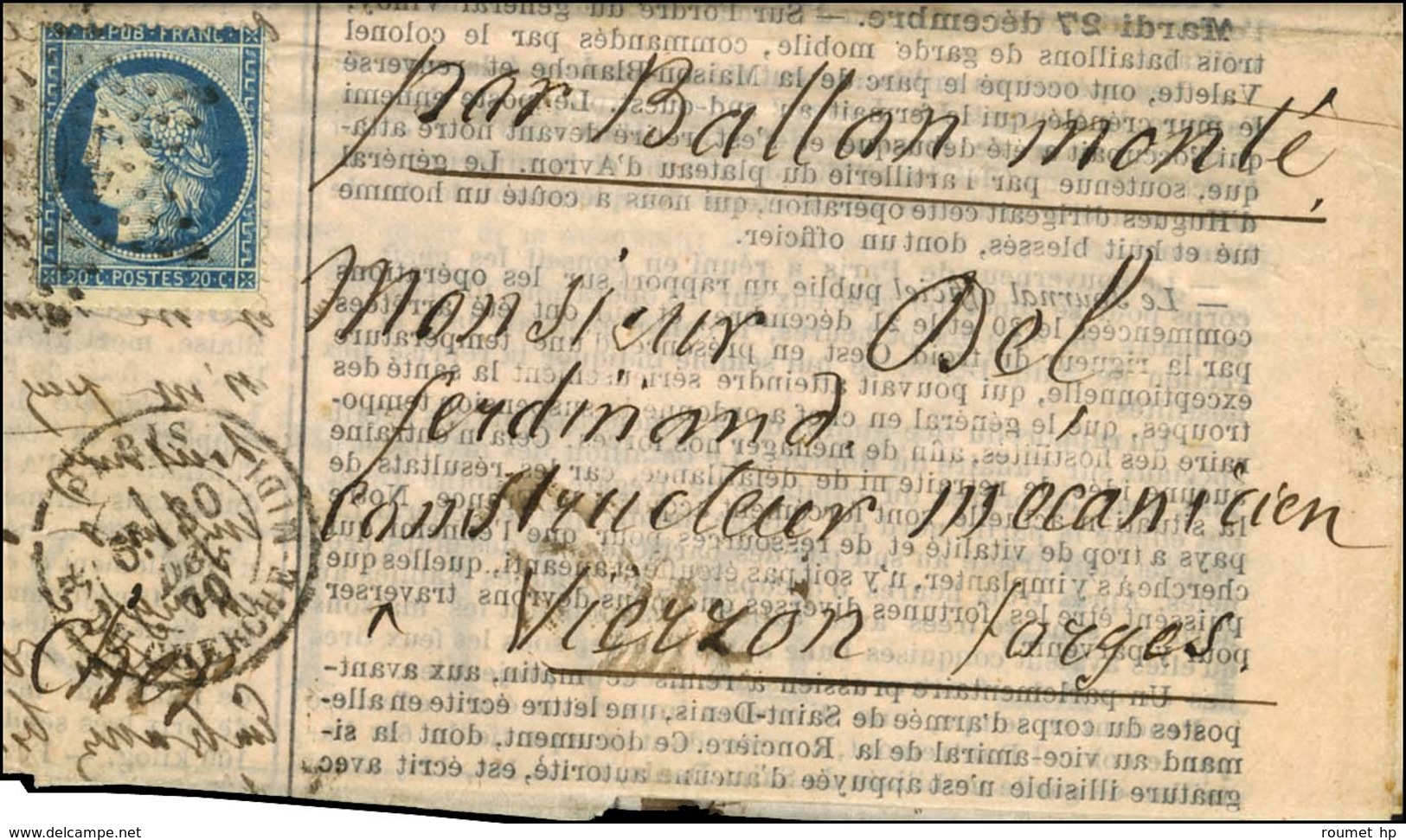 Etoile 10 / N° 37 Càd PARIS / R. DU CHERCHE-MIDI 30 DEC. 70 Sur Ballon-poste N° 17 Papier Rose Pour Vierzon, Au Verso Cà - Guerra De 1870