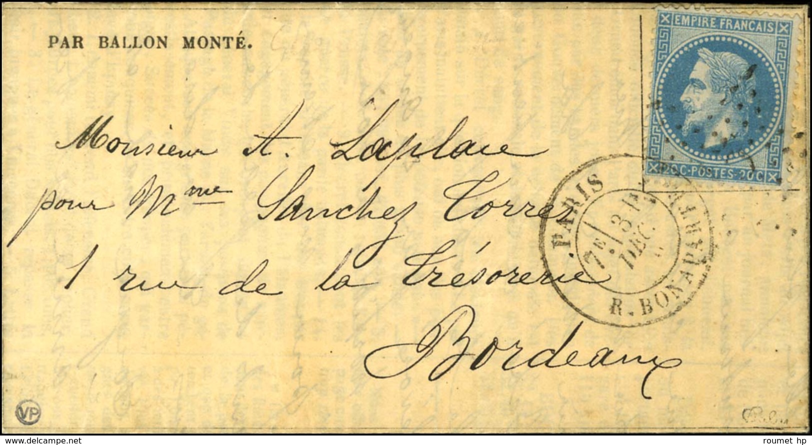 Etoile 15 / N° 29 Càd PARIS / R. BONAPARTE 31 DEC. 70 Sur Gazette Des Absents N° 21 Pour Bordeaux Sans Càd D'arrivée. LE - War 1870