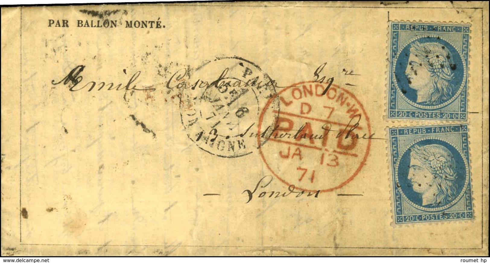 Etoile 9 / N° 37 (2) Càd PARIS / R. MONTAIGNE 6 JANV. 71 Sur Gazette Des Absents N° 21 Pour Londres. Au Recto, Càd D'arr - Krieg 1870