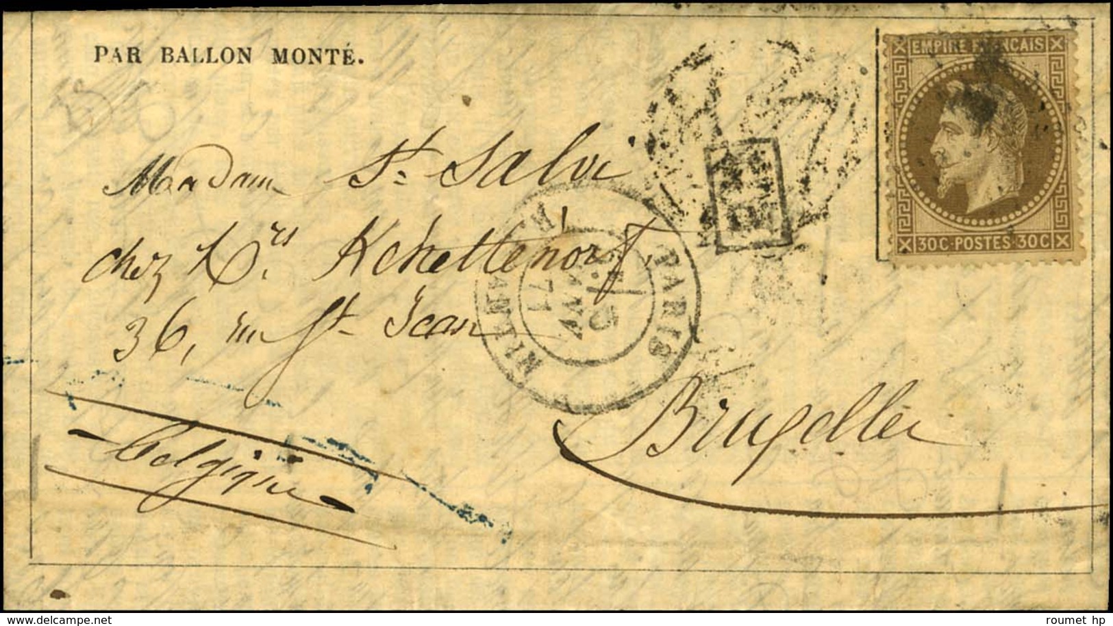 Etoile 8 / N° 30 (pd) Càd PARIS / R. D'ANTIN 5 JANV. 71 Sur Gazette Des Absents N° 22 Pour Bruxelles. Au Verso, Càd D'ar - Guerra Del 1870