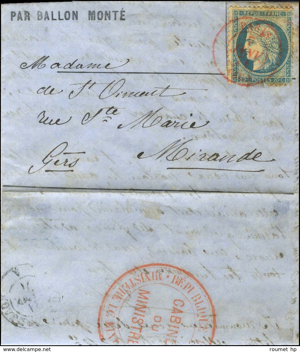 Càd Rouge PARIS (SC) 7 JANV. 71 / N° 37 Sur Lettre PAR BALLON MONTÉ Pour Mirande (Gers), Au Verso Grand Cachet Rouge RÉP - Krieg 1870