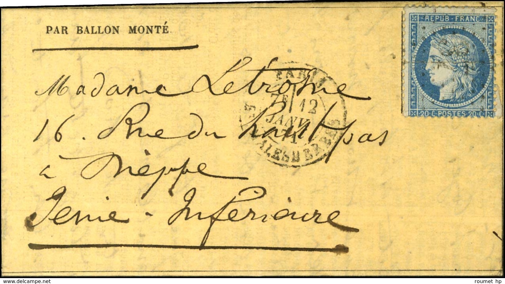 Etoile 37 / N° 37 Càd PARIS / BT MALHESHERBES 12 JANV. 71 Sur Gazette Des Absents N° 26 Pour Dieppe. Au Verso, Càd D'arr - War 1870
