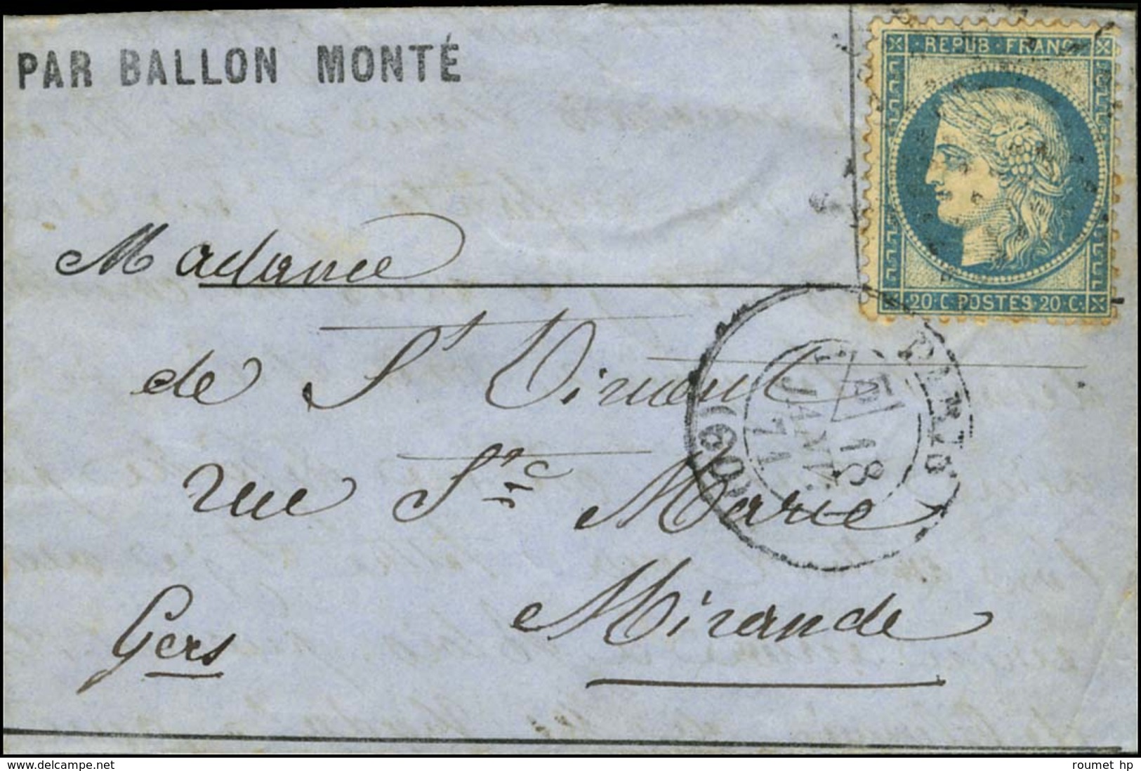 Etoile / N° 37 Càd PARIS (60) 18 JANV. 71 Sur Lettre PAR BALLON MONTÉ Pour Mirande (Gers), Au Verso Càd D'arrivée 21 JAN - Guerra Del 1870