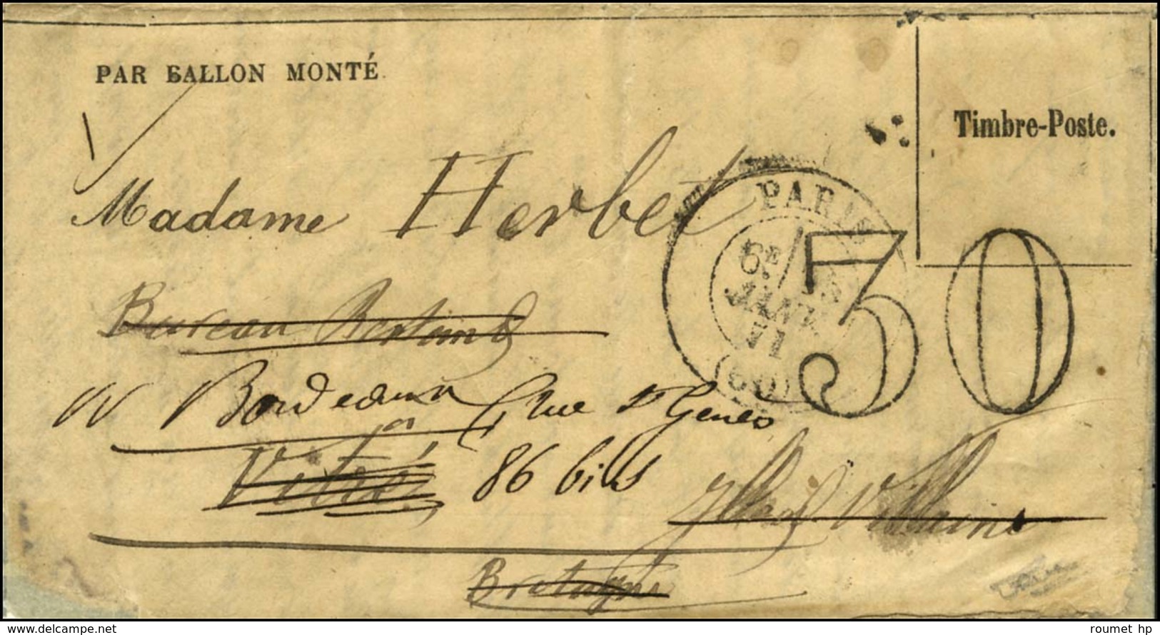 Càd PARIS (60) 25 JANV. 71 (6e Levée) Et Taxe 30 DT (Timbre Poste Tombé Par Immersion) Sur Gazette Des Absents N° 31 Pou - Guerra Del 1870