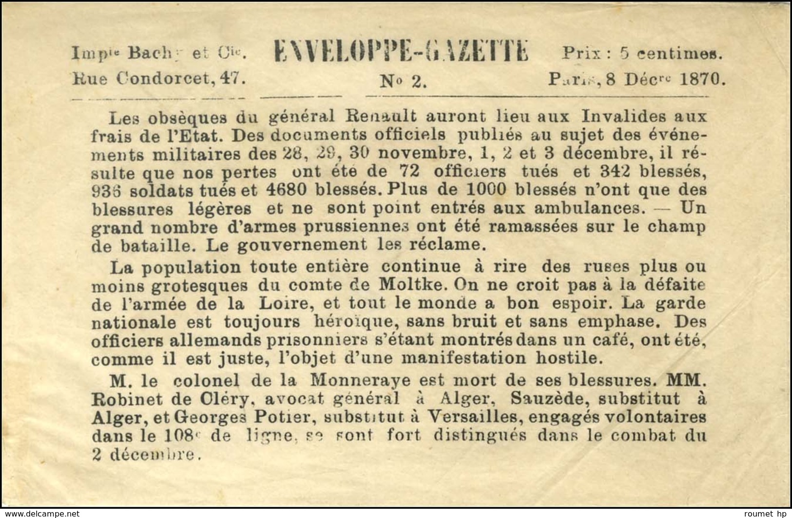 Enveloppe Gazette N° 2 Neuve. - TB / SUP. - War 1870