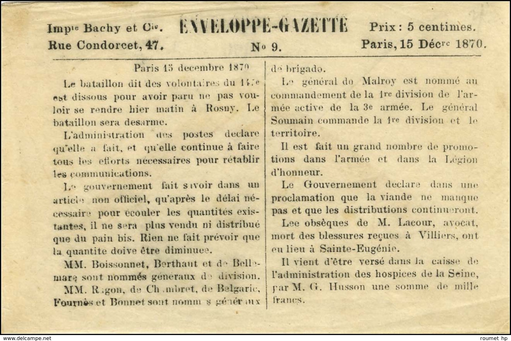 Enveloppe Gazette N° 9 Neuve. - TB / SUP. - War 1870