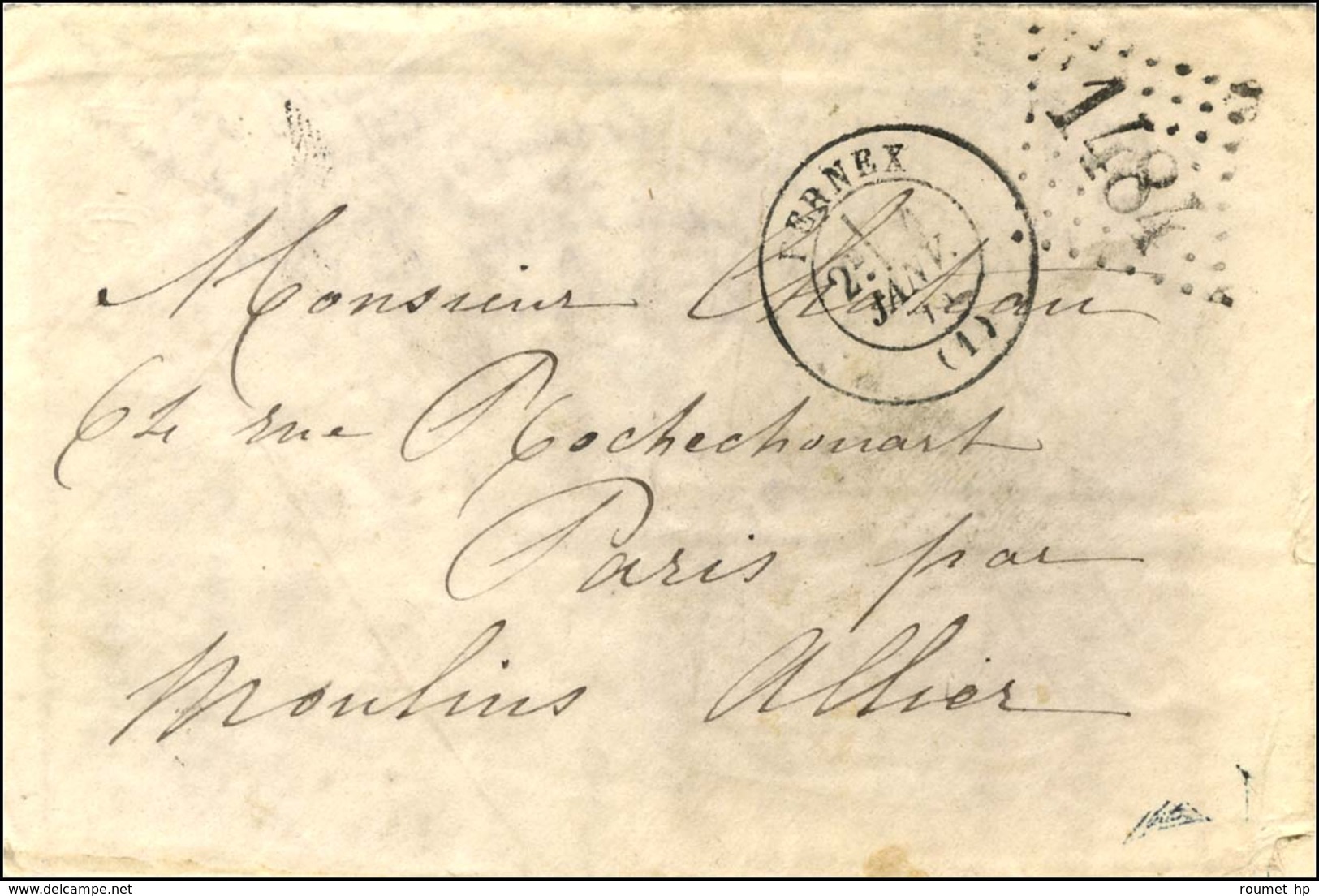 GC 1484 / N° 47 Bande De 3 (1 Ex Du 10c Manquant) Au Verso D'une Boule De Moulins Avec Texte Daté De Genève Le 3 Janvier - Guerra Del 1870