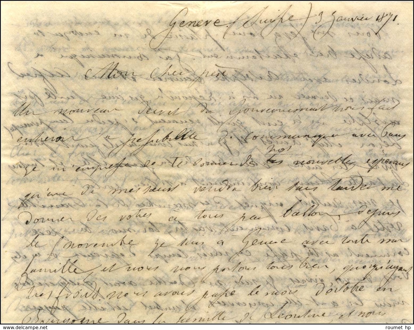 GC 1484 / N° 47 Bande De 3 (1 Ex Du 10c Manquant) Au Verso D'une Boule De Moulins Avec Texte Daté De Genève Le 3 Janvier - Krieg 1870