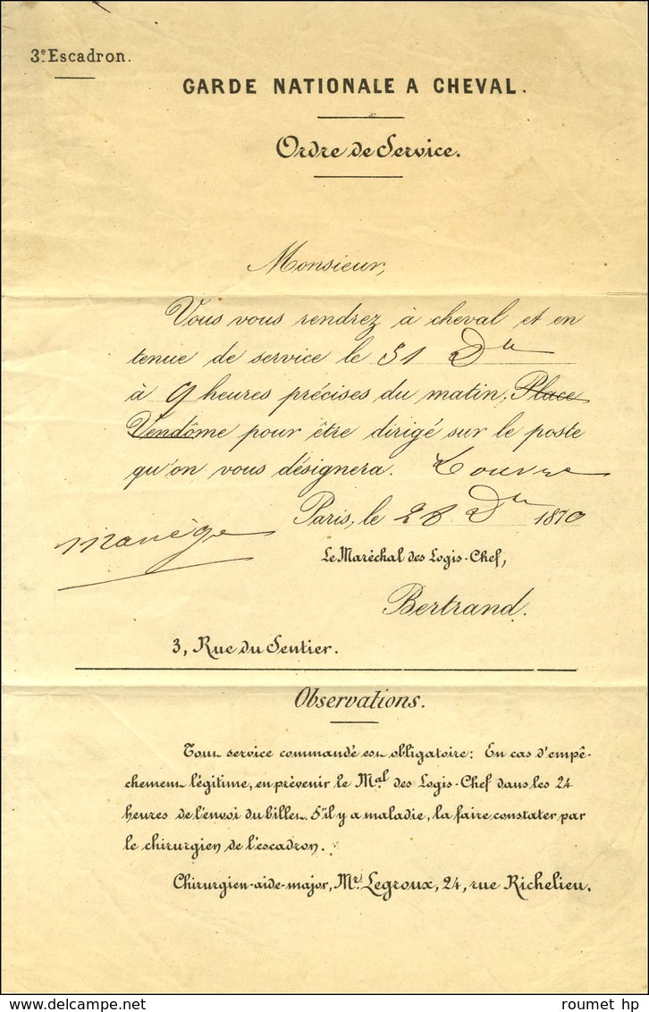 Càd PARIS / R. DE CLERY 28 DEC. 70 Sur Lettre (en Tête ' Billet De Garde ') Avec Texte De La Garde Nationale à Cheval Ad - Krieg 1870