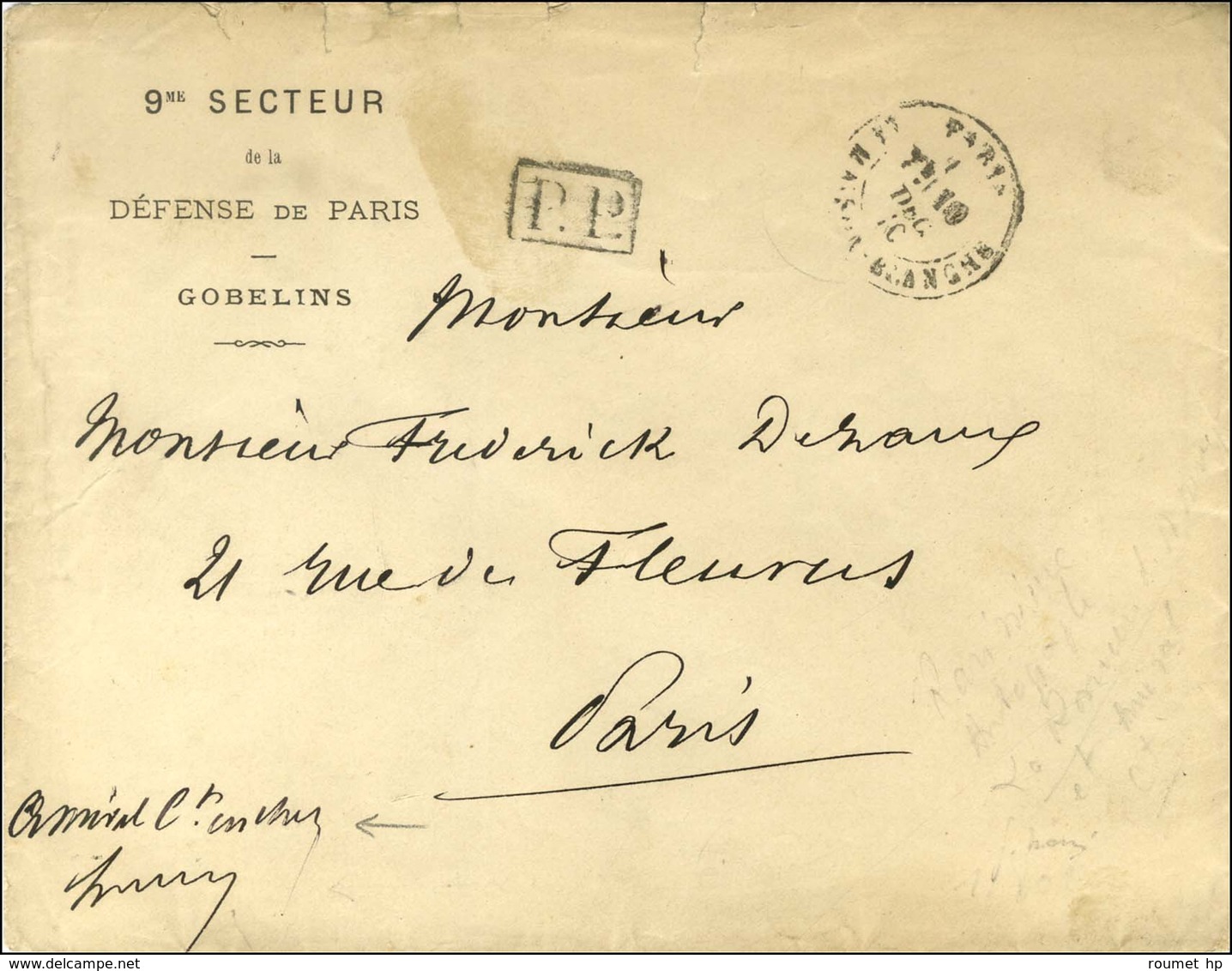 Càd PARIS / LA MAISON BLANCHE 10 DEC. 70 + P.P. Sur Enveloppe Imprimée Avec En-tête 9me SECTEUR / DE LA / DEFENSE DE PAR - War 1870