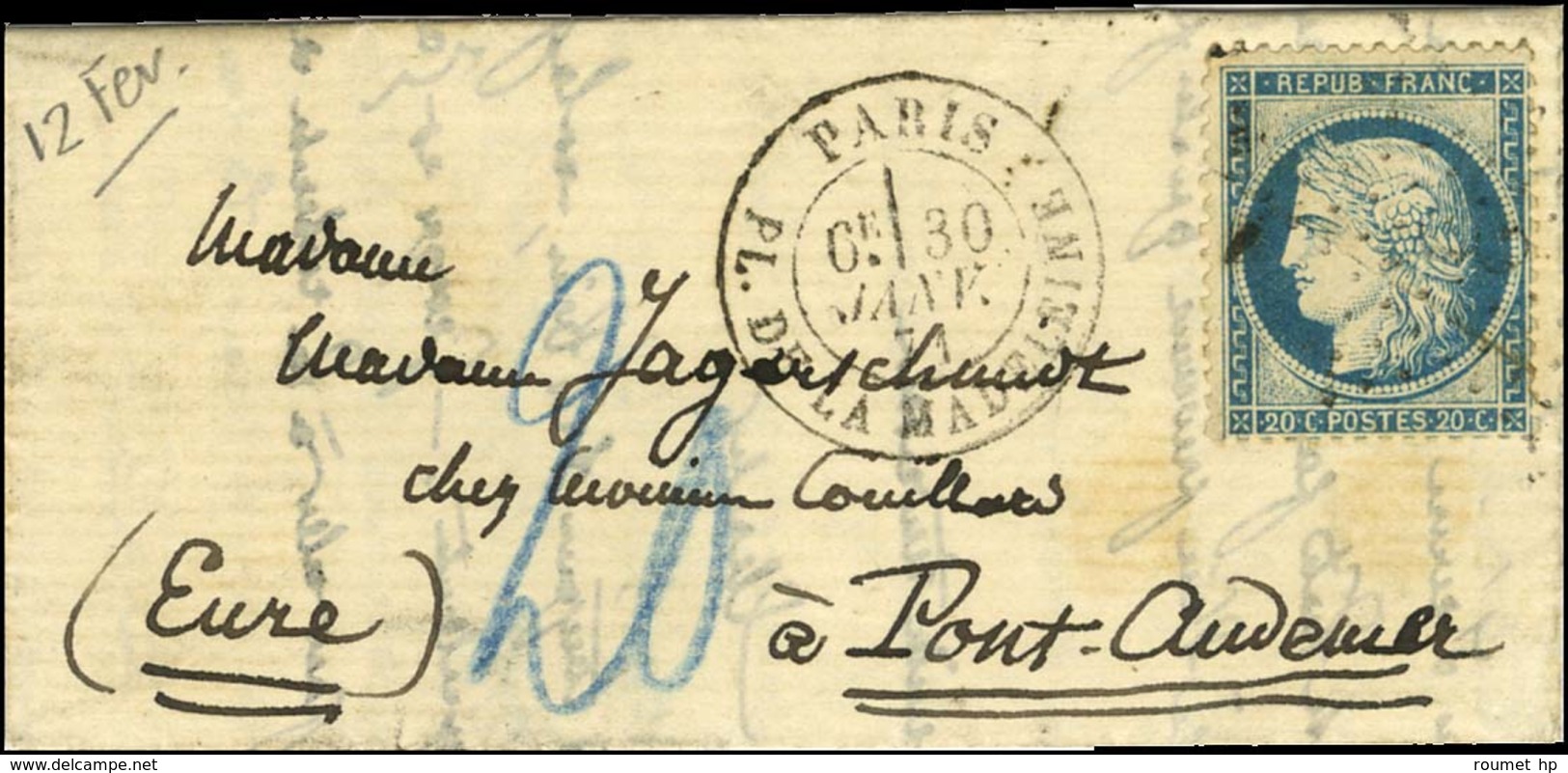 Etoile 3 / N° 37 Càd PARIS / PL. DE LA MADELEINE 30 JANV. 71 Sur Lettre Pour Pont-Audemer, Au Recto Taxe 20 Bleue. - TB. - War 1870