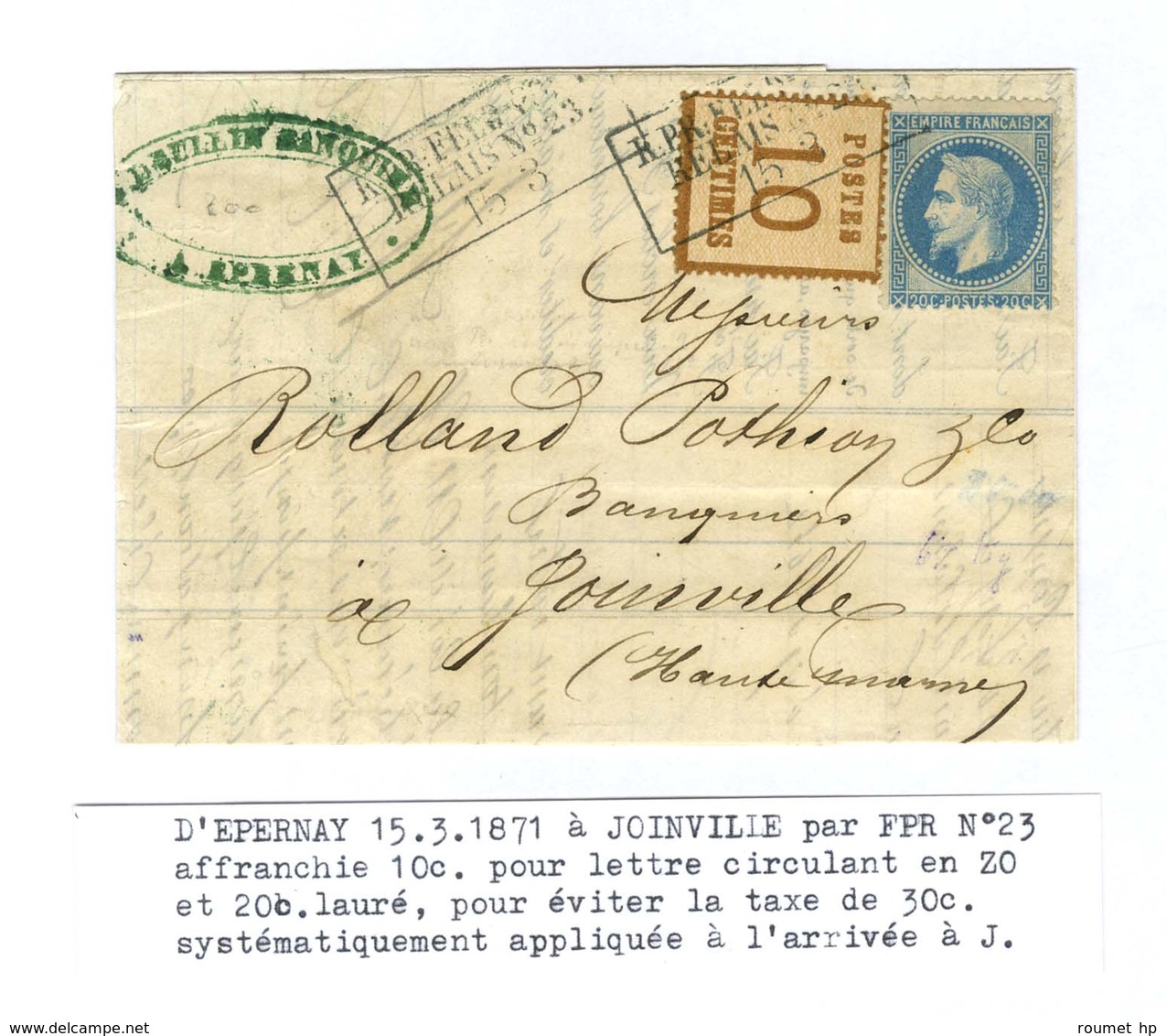 Cachet Encadré Bleu KPR FELDPOST / RELAIS N° 23 / Alsace N° 5 + N° 29 Sur Lettre En Affranchissement Mixte D'Epernay Pou - War 1870