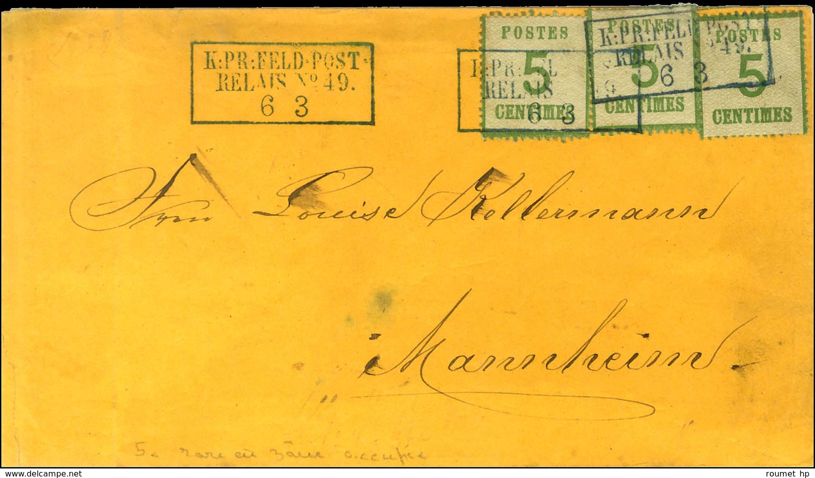 Cachet Bleu Encadré KPR:FELDPOST-RELAIS / N° 49 / Als. N° 4 (3) Sur Lettre Pour Mannheim. 1871. - TB / SUP. - R. - Krieg 1870