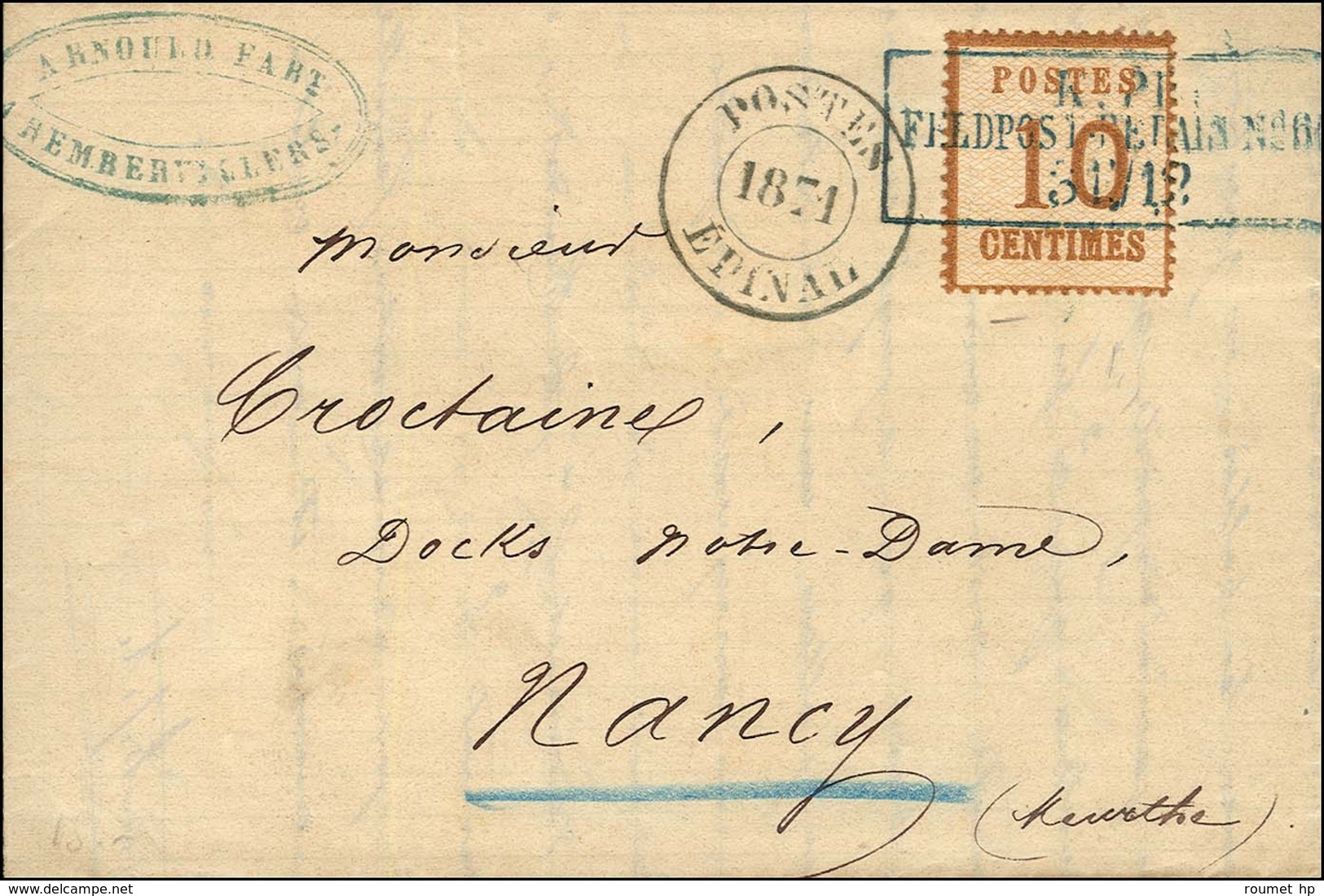 Cachet Bleu Encadré KPR / FELDPOST RELAIS N° 66 / 31 - 12 / Als. N° 5 + Cachet Provisoire POSTES / 1871 / EPINAL Sur Let - Guerra Del 1870