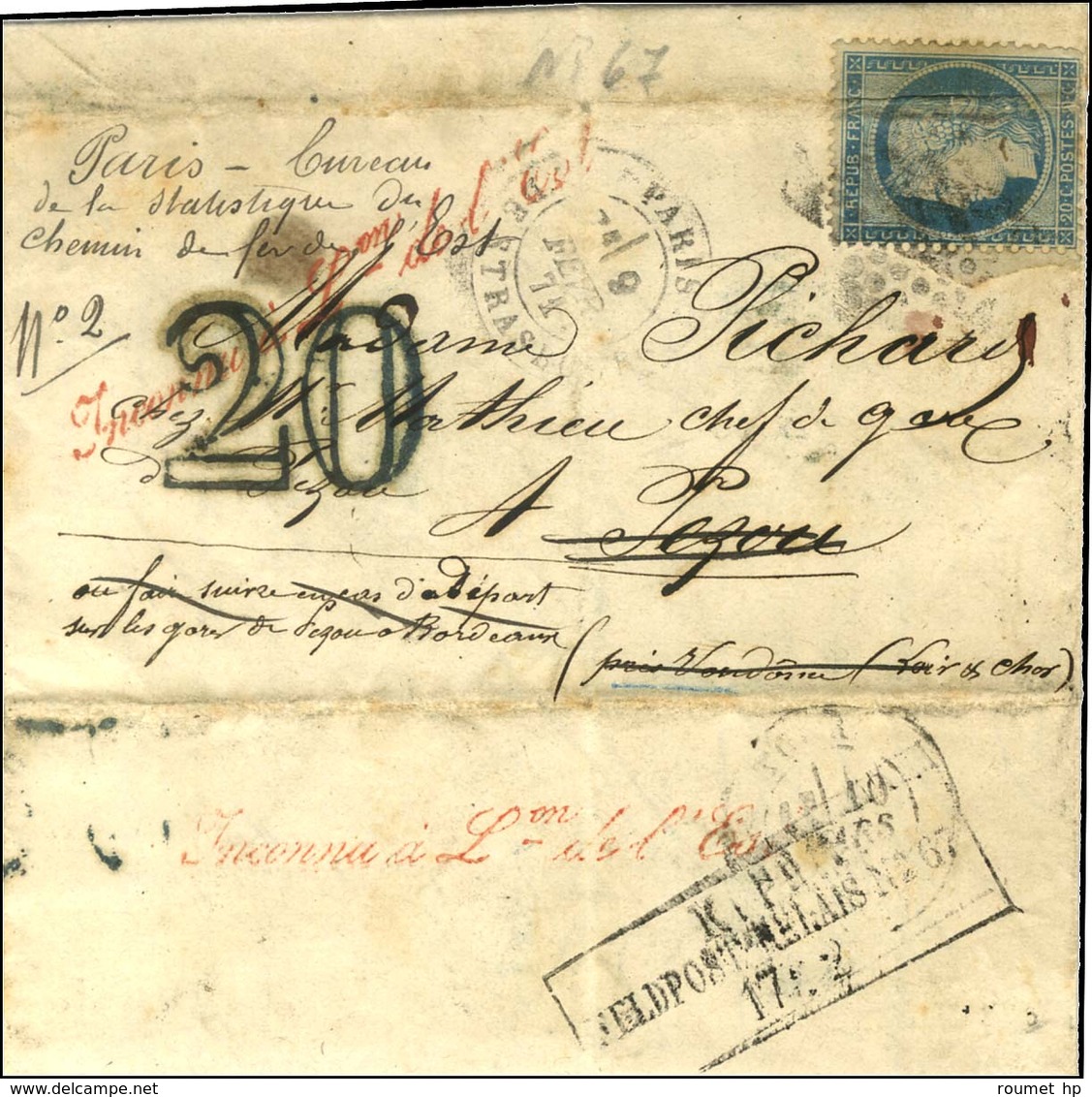 Etoile 14 / N° 37 Pli Càd PARIS / R. DE STRASBOURG 9 FEVR 71 Sur Lettre Pour Pezou, Au Recto Taxe 20 DT, Au Verso Cachet - Krieg 1870