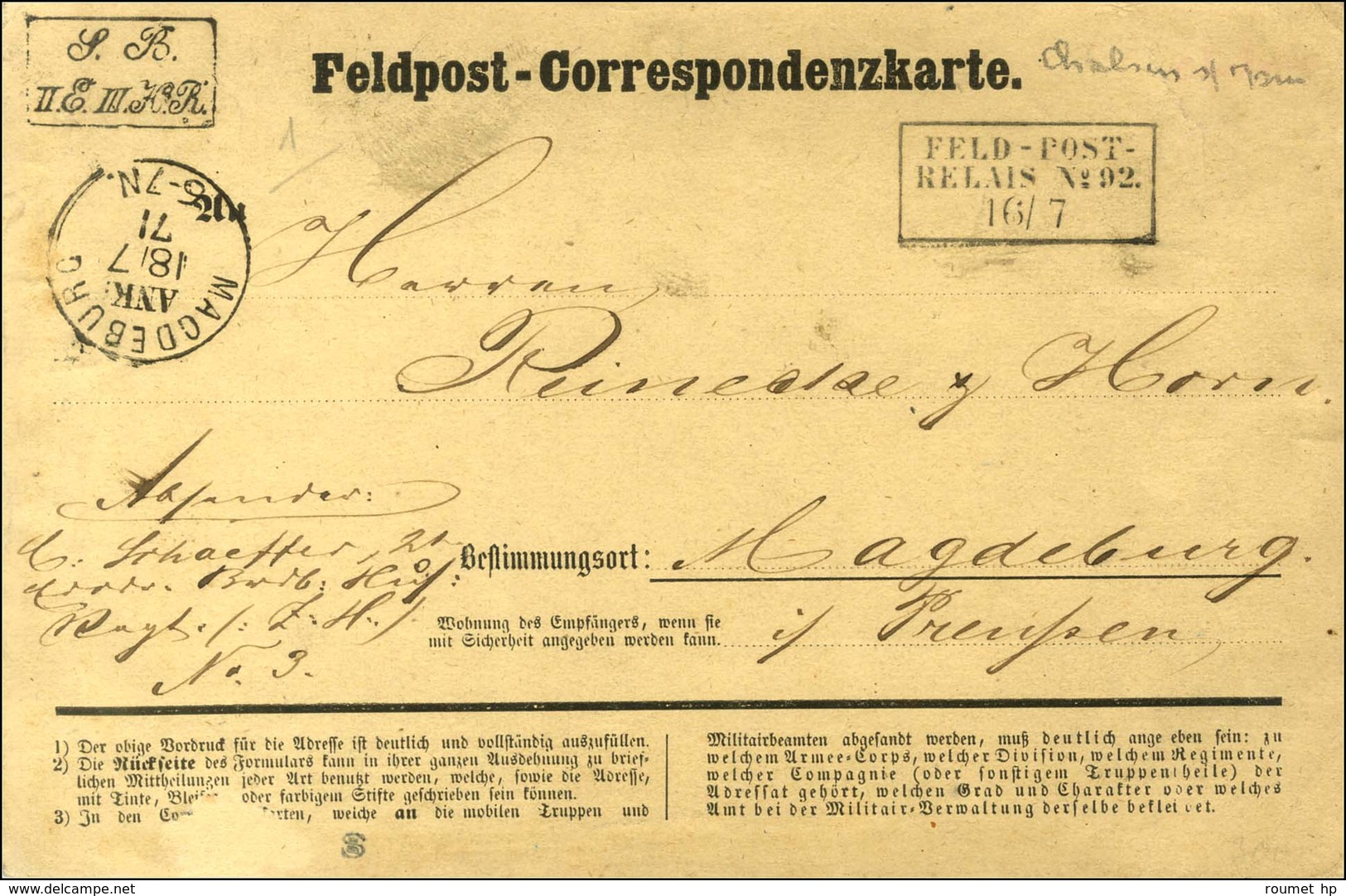 Cachet Encadré KPR FELDPOST / RELAIS N° 92 Sur Carte De Correspondance Datée De Chalons Sur Marne Pour Magdebourg. 1871. - War 1870