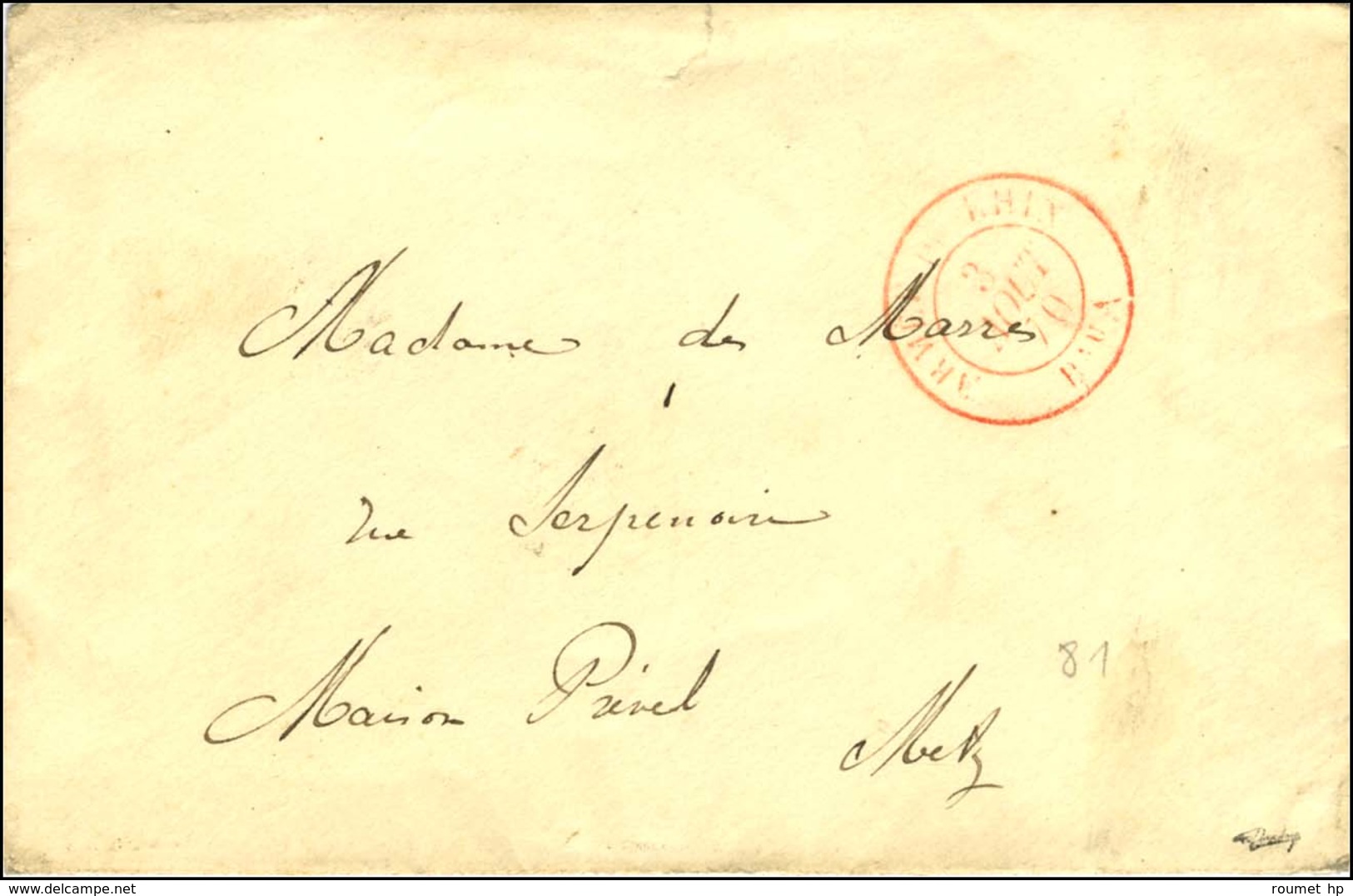 Càd Rouge ARMEE DU RHIN / Bau A 3 AOUT 70 Sur Lettre En Franchise Militaire Pour Metz. - TB. - R. - Krieg 1870