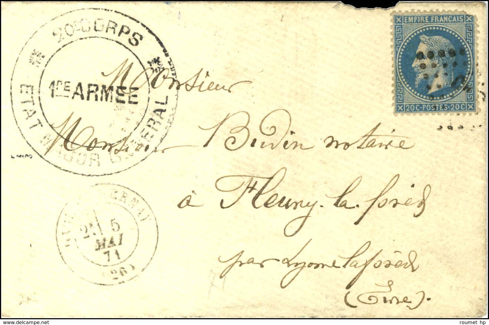 Losange Ambulant / N° 29 Pd Càd T 17 GARE DE BERNAY (26) 5 MAI 71, Au Recto Très Rare Cachet 20e CORPS / 1re ARMEE / ETA - War 1870