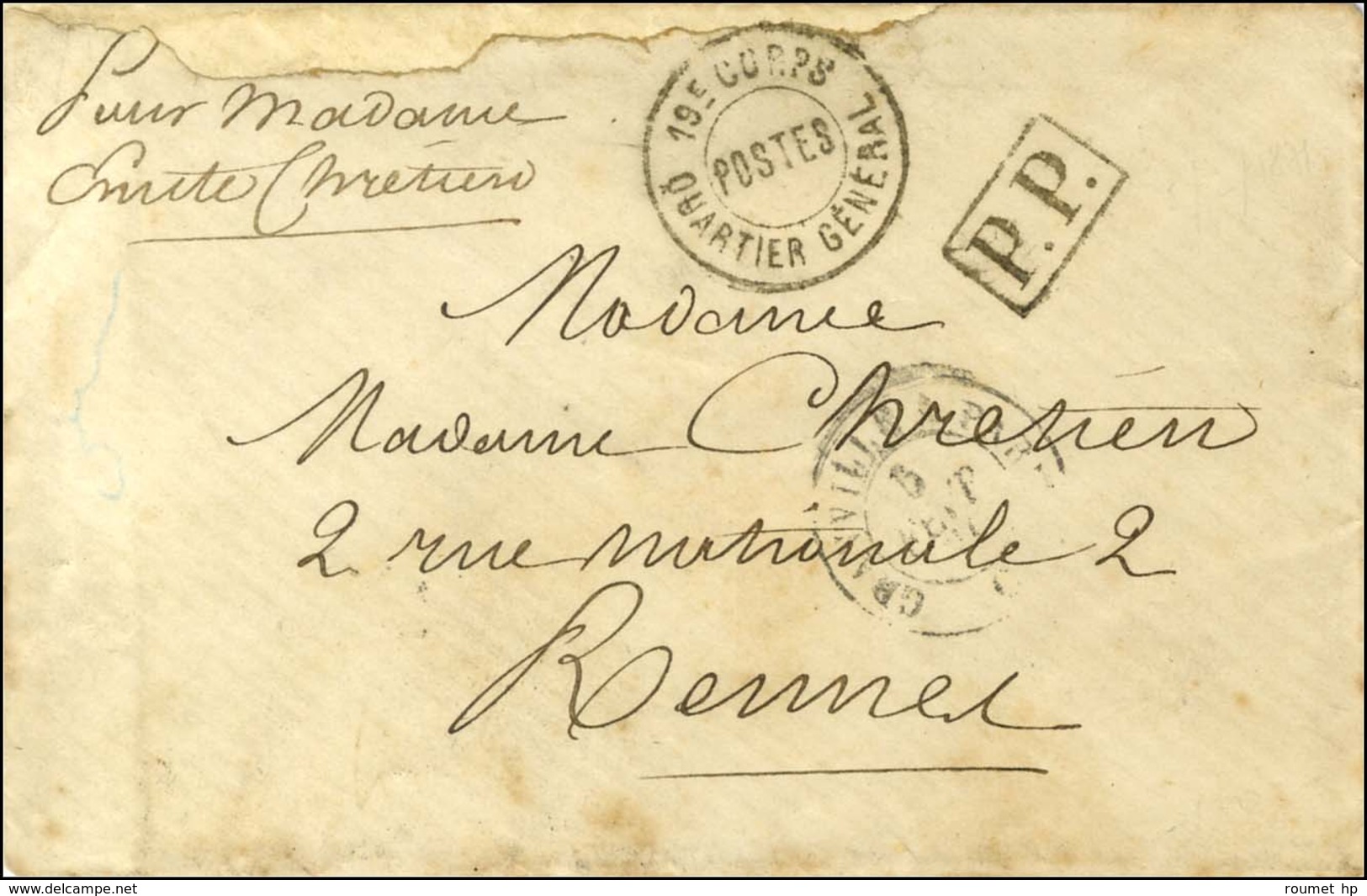 Cachet 19e CORPS / POSTES / QUARTIER GENERAL + P.P. Càd GRANVILLE A PARIS 5 FEVR. 71 Sur Lettre Adressée En Franchise Mi - Krieg 1870