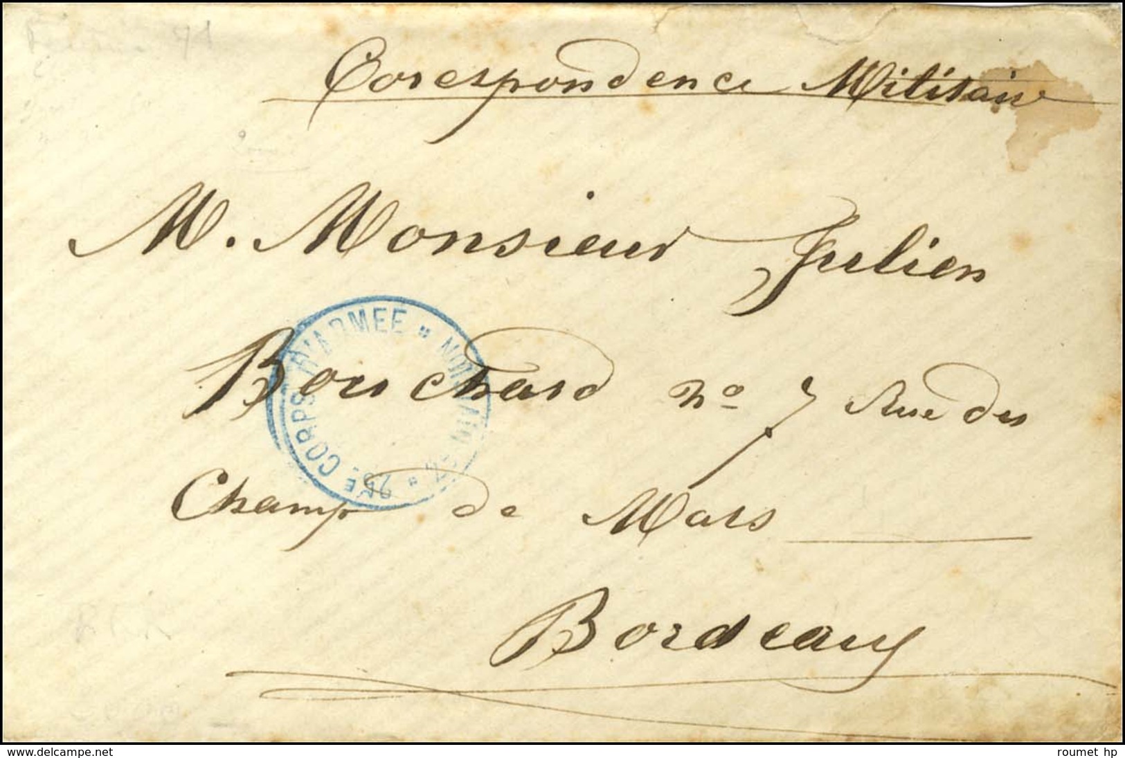 Cachet Bleu 25e CORPS D'ARMEE / 2e DIVISION Sur Lettre En Franchise Militaire Pour Bordeaux, Au Verso Càd D'arrivée 10 F - War 1870