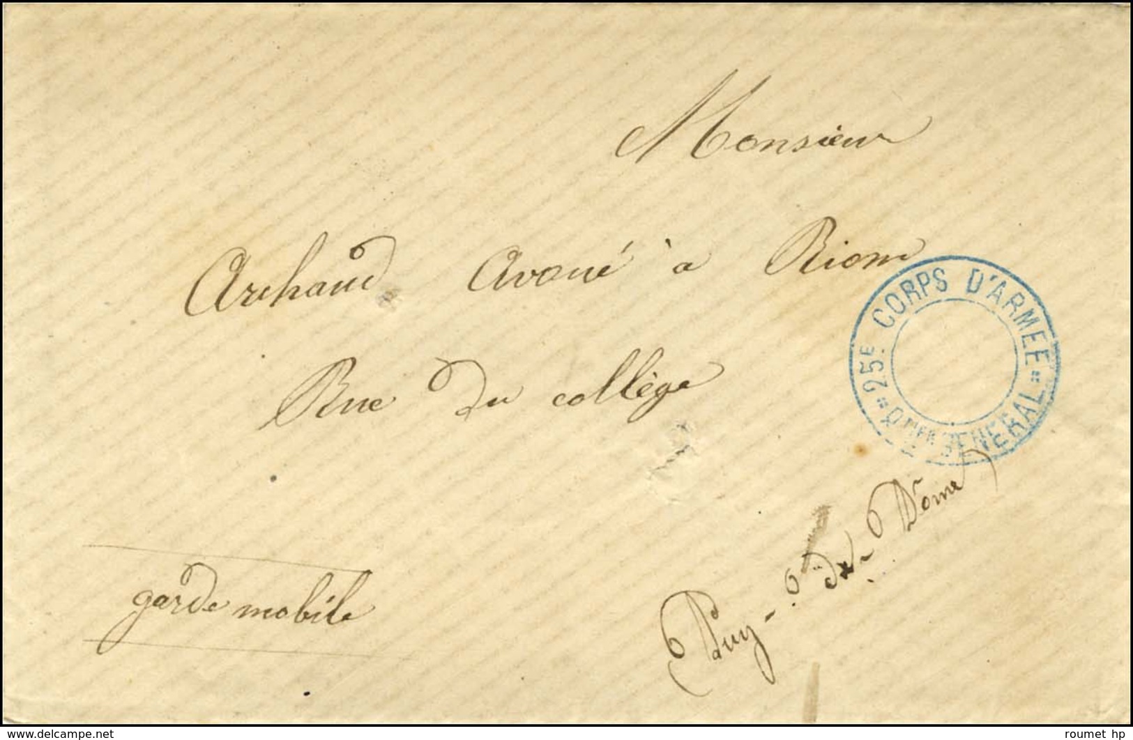 Cachet Bleu 25e CORPS D'ARMEE / Qer GENERAL Sur Lettre Avec Texte Daté De Méhun Le 15 Février 1871 En Franchise Militair - War 1870