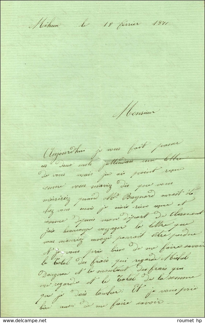 Cachet Bleu 25e CORPS D'ARMEE / Qer GENERAL Sur Lettre Avec Texte Daté De Méhun Le 15 Février 1871 En Franchise Militair - Krieg 1870