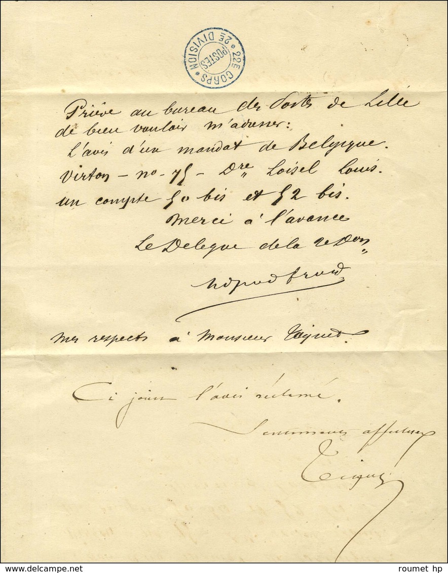 Cachet Bleu 22e CORPS / POSTES / 2e DIVISION Sur Lettre Avec Texte Adressée à Lille, Au Verso Càd D'arrivée 9 FEVR. 71.  - War 1870