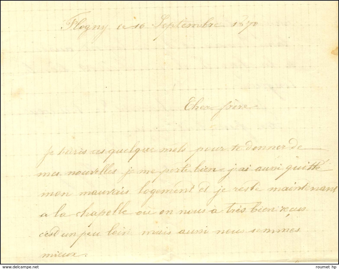 Càd T 16 FLOGNY (83) 13 SEPT. 1870 Au Recto Griffe Bleue 2me BATAILLON / GARDE MOBILE DE L'YONNE Sur Lettre Avec Texte E - War 1870