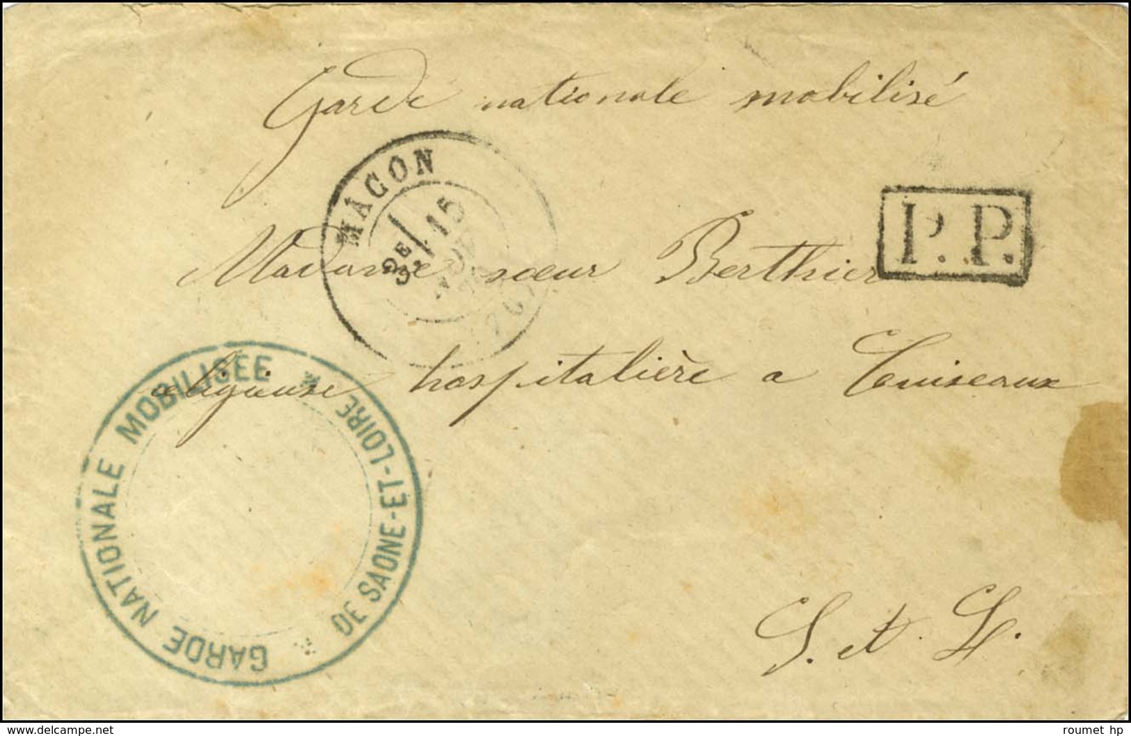 Càd MACON (70) 15 NOV. 70 + P.P. Au Recto Cachet Bleu évidé GARDE NATIONALE MOBILISEE / DE SAÔNE ET LOIRE Sur Lettre En  - Guerra De 1870