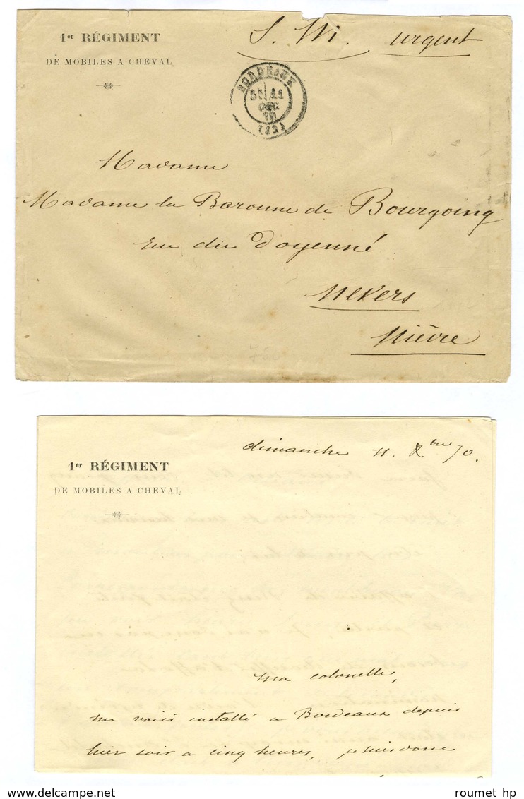 Càd T 17 BORDEAUX (32) 11 DEC. 70 Sur Lettre Imprimée 1er REGIMENT / DE MOBILES A CHEVAL (idem Dans Le Texte) Adressée E - Krieg 1870