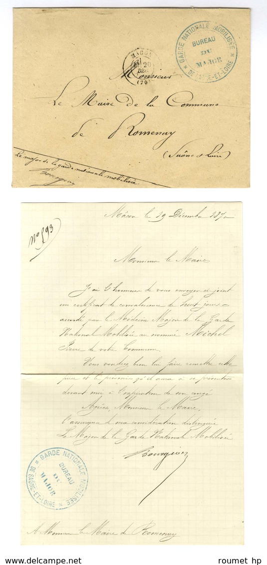 Càd T 17 MACON (70) 20 DEC. 70 Au Recto Cachet Bleu GARDE NATIONALE MOBILISEE / BUREAU / DU / MAJOR / DE SAÔNE ET LOIRE  - Krieg 1870