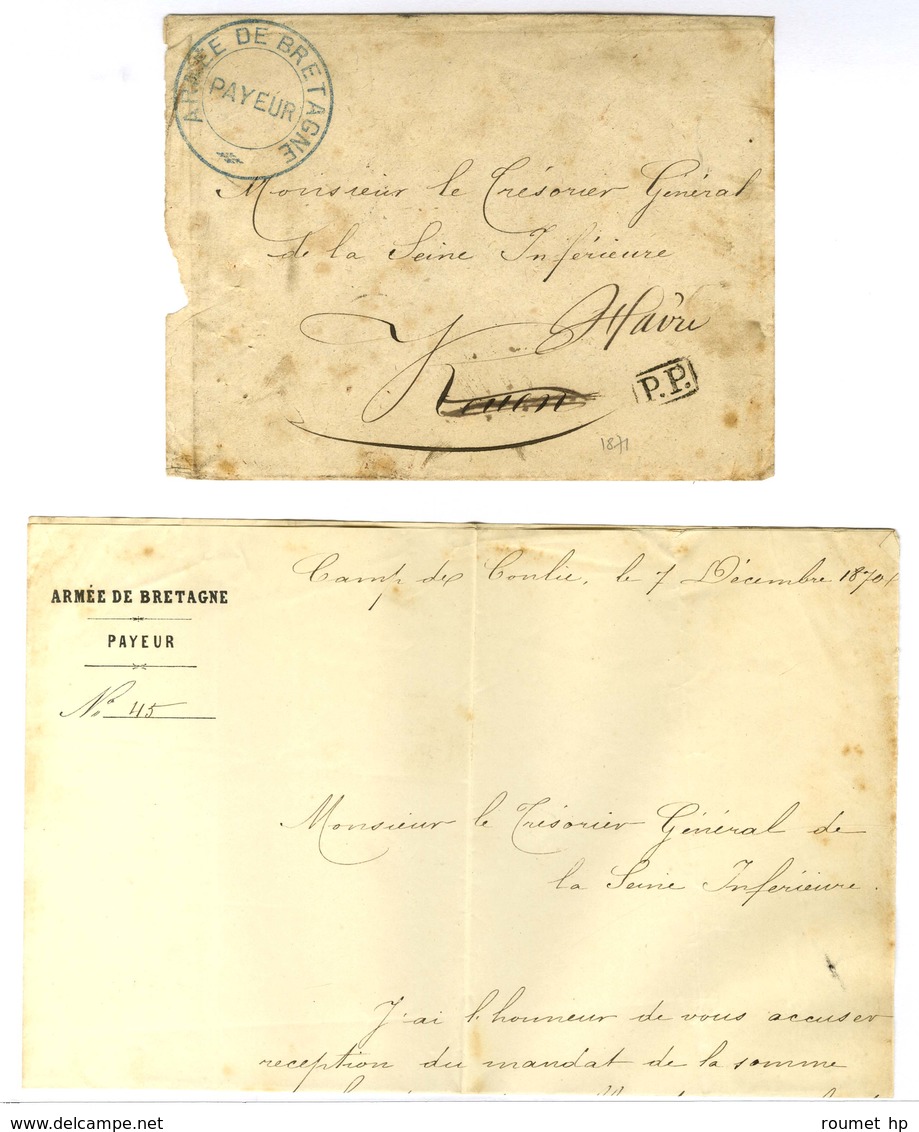 Cachet Bleu ARMEE DE BRETAGNE / PAYEUR + P.P. Sur Lettre Avec Texte Daté De Conlie Le 7 Décembre 1870 Adressée En Franch - War 1870