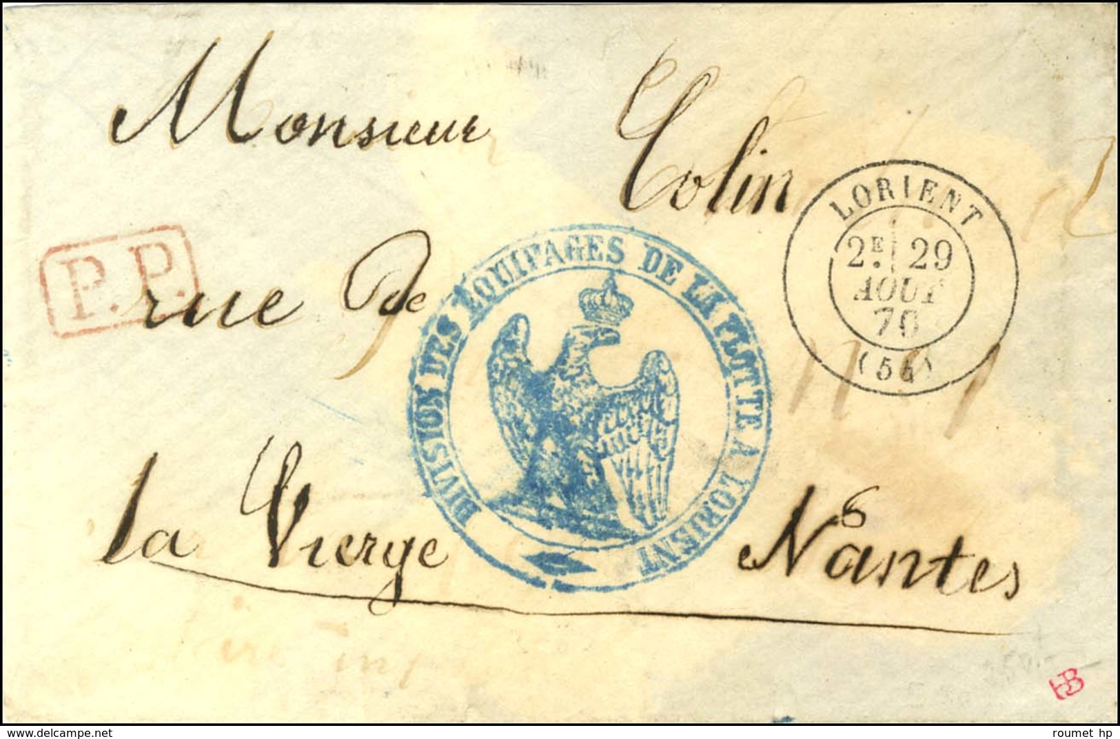 Càd T 17 LORIENT (54) 20 AOÛT 70 + P.P. Rouge Au Recto Cachet Bleu Aigle DIVISION DES EQUIPAGES DE LA FLOTTE A LORIENT S - Krieg 1870