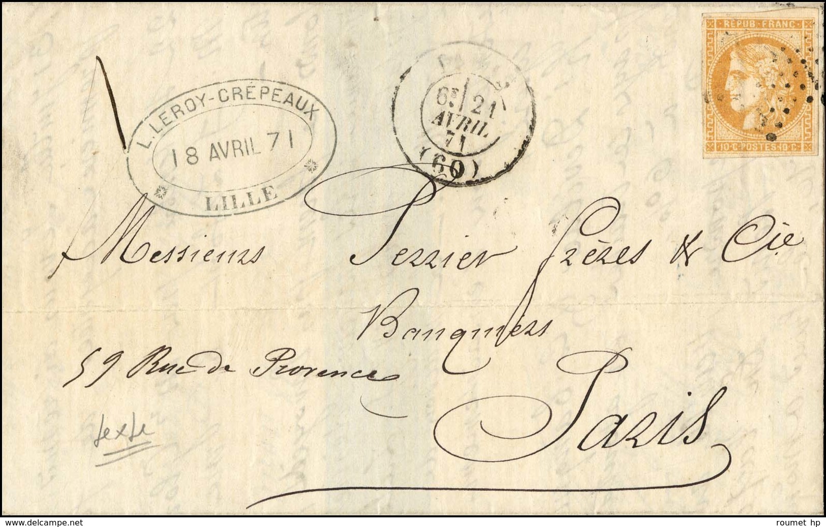 Lettre Avec Texte Daté De Lille Le 18 Avril 1871 Adressée à Paris Et Remise Par Un Passeur Au Bureau Central. Etoile / N - Guerra De 1870