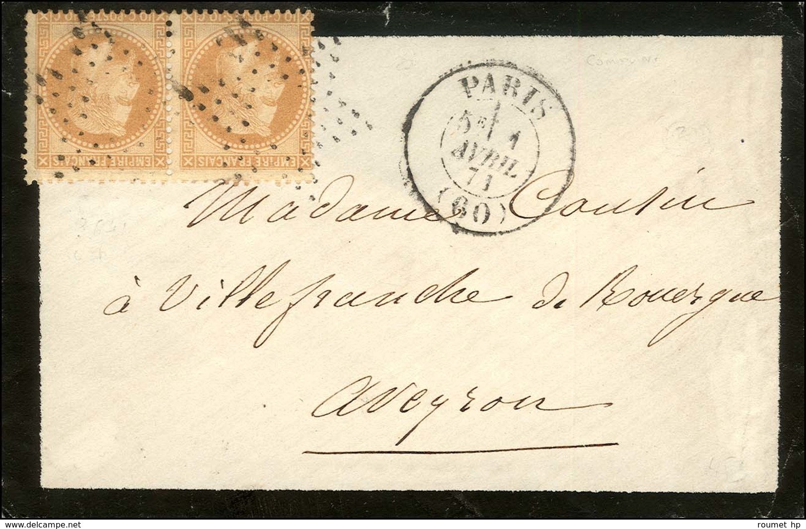 Etoile évidée / N° 28 (paire) Càd PARIS (60) 1 AVRIL 71 Sur Lettre Pour Villefranche De Rouergue. Càd D'arrivée 5 AVRIL  - Guerra De 1870