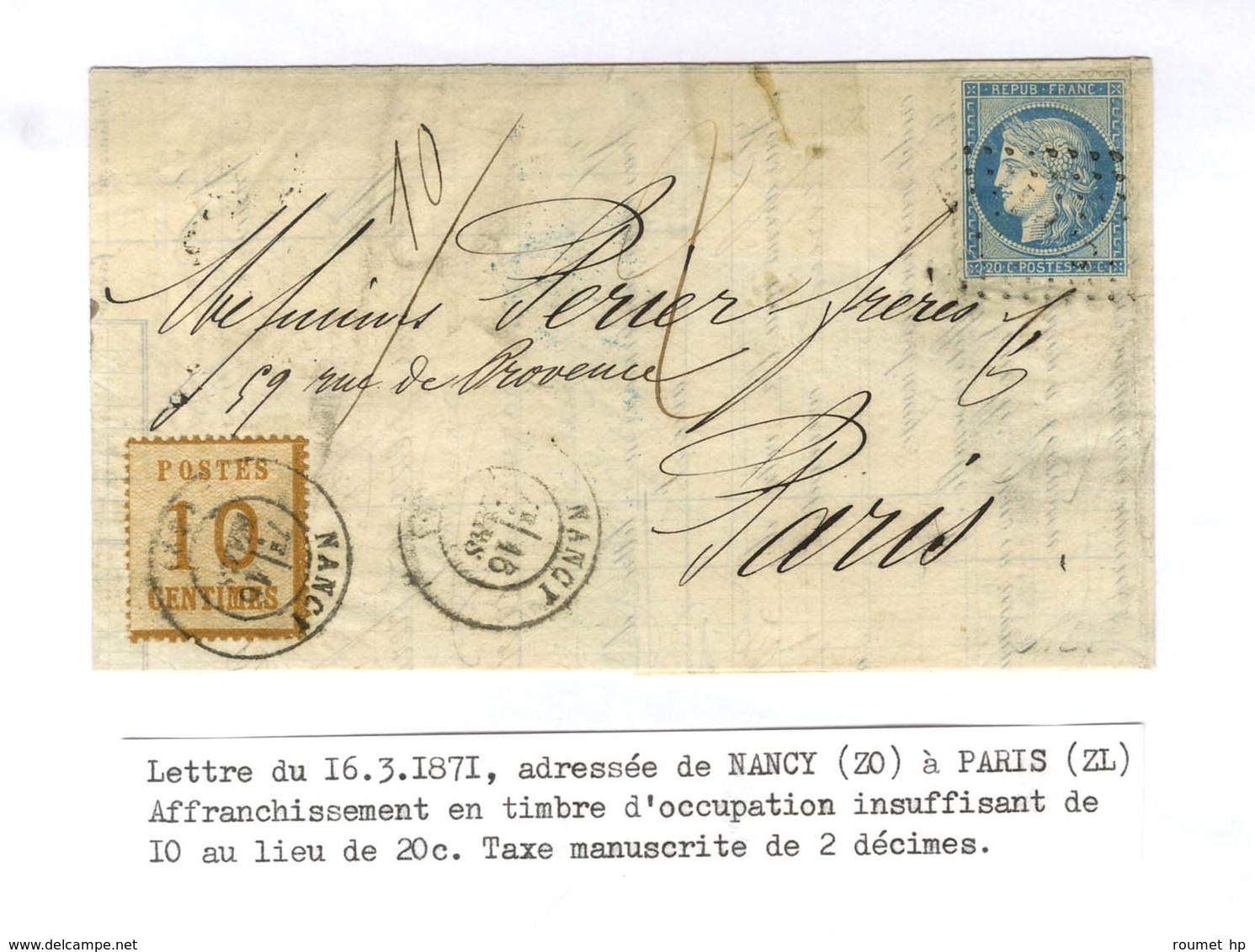 Càd T 17 NANCY (52) 16 MARS 71 / Alsace N° 5 + GC / N° 37 Sur Lettre En Affranchissement Mixte Pour Paris. Au Recto, Tax - Cartas & Documentos