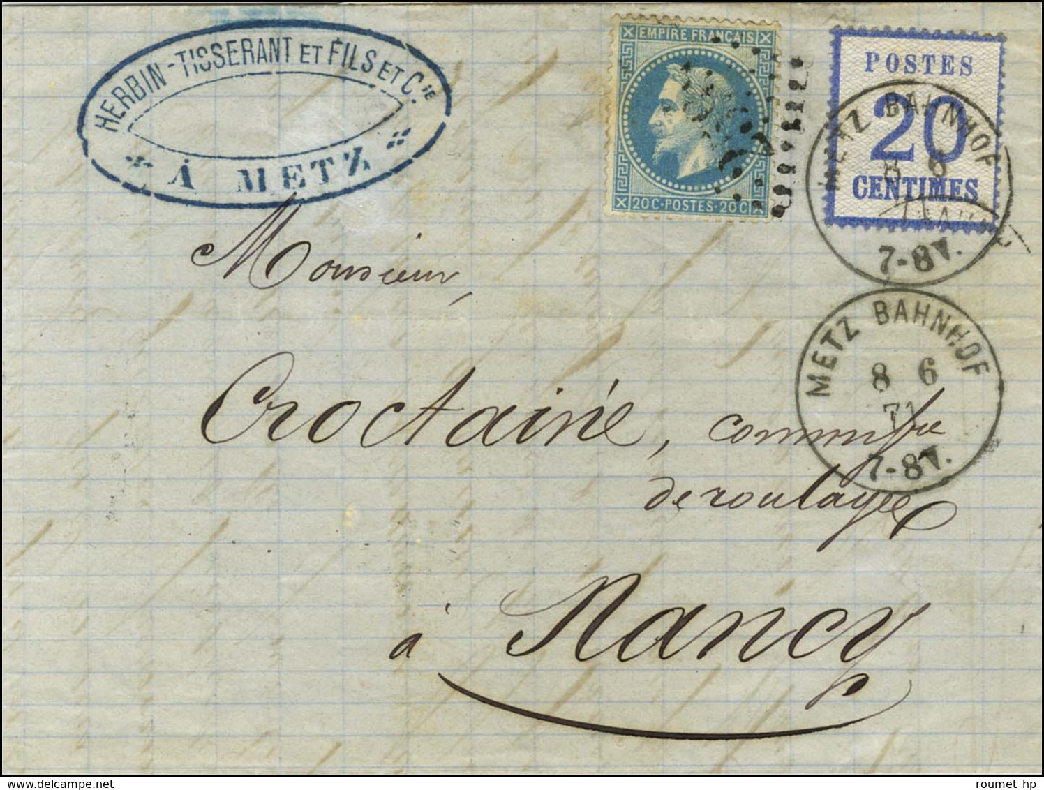 Càd METZ BAHNHOF / Alsace N° 6 + N° 29 Obl GC 2598 Sur Lettre En Affranchissement Mixte De Metz Pour Nancy. 1871. - TB. - Storia Postale