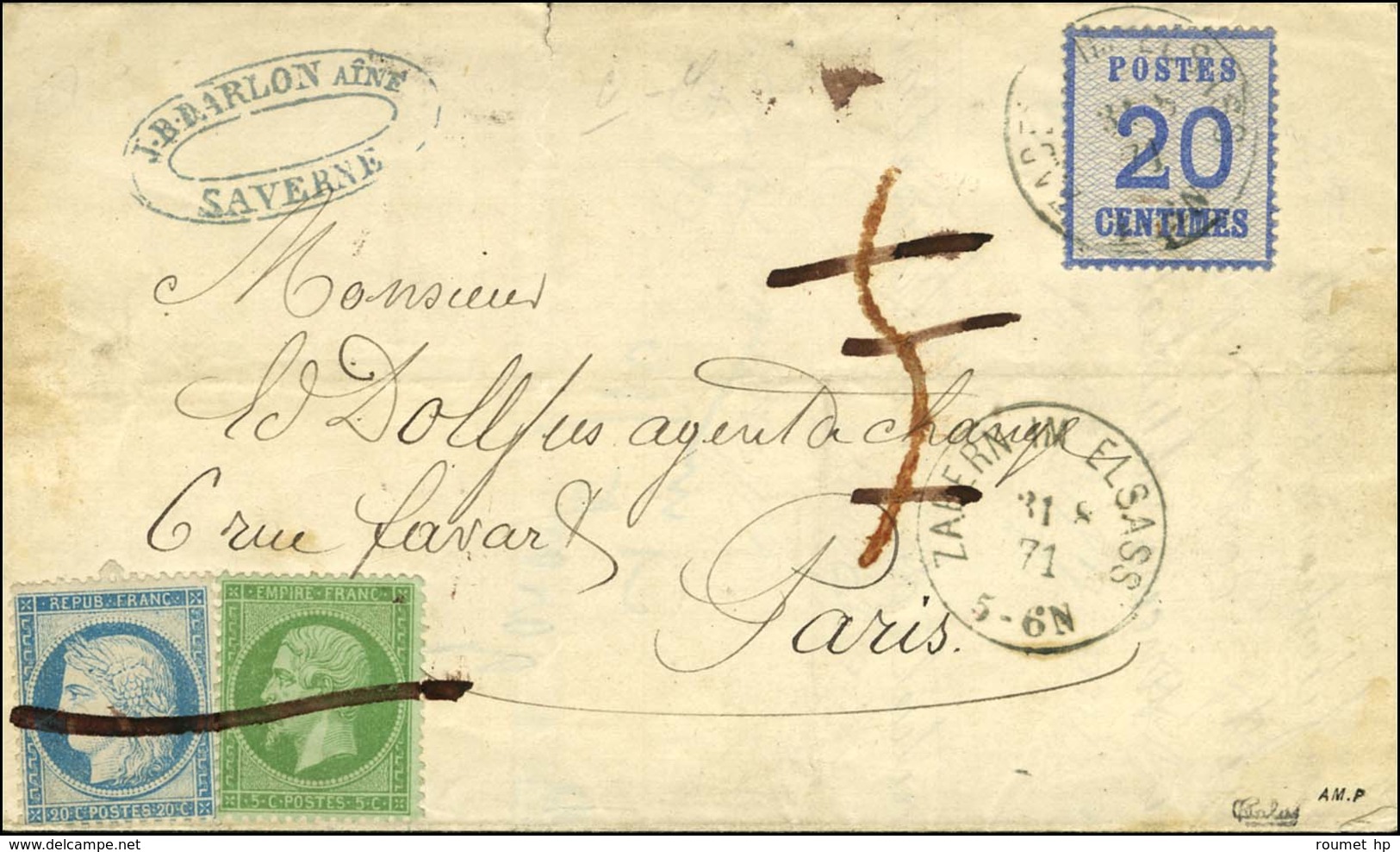 Càd ZABERN IM ELSASS 31 AOUT 71 / Als. N° 6, Taxe Tampon Rouge Annulée Plume Et N° 20 + 37 Obl Plume Sur Lettre En Affra - Storia Postale