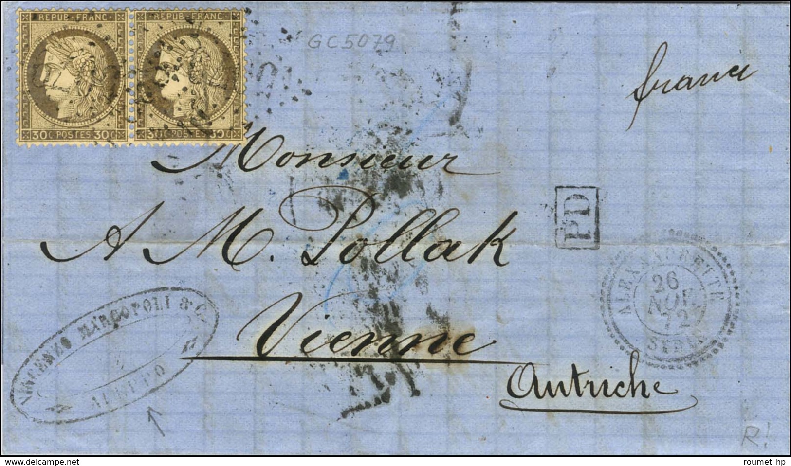 GC 5079 / N° 56 Paire Càd ALEXANDRETTE / SYRIE Sur Lettre Avec Texte Daté D'Alep Pour Vienne. 1872. - TB. - Maritime Post