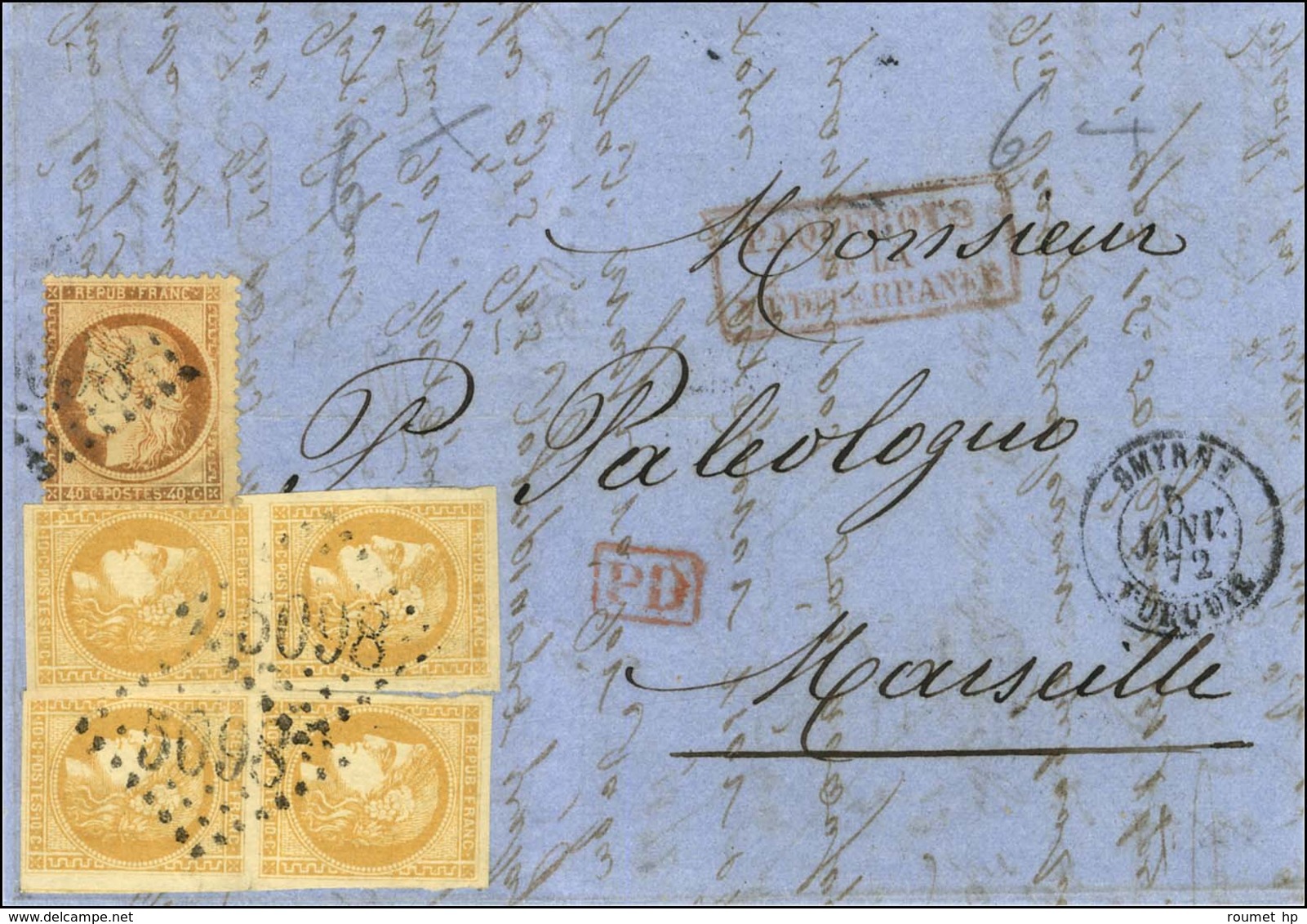 GC 5098 / N° 38 Infime Froissure + N° 43 (2 Paires) Càd SMYRNE / TURQUIE Sur Lettre Avec Texte Pour Marseille. 1872. - S - Posta Marittima