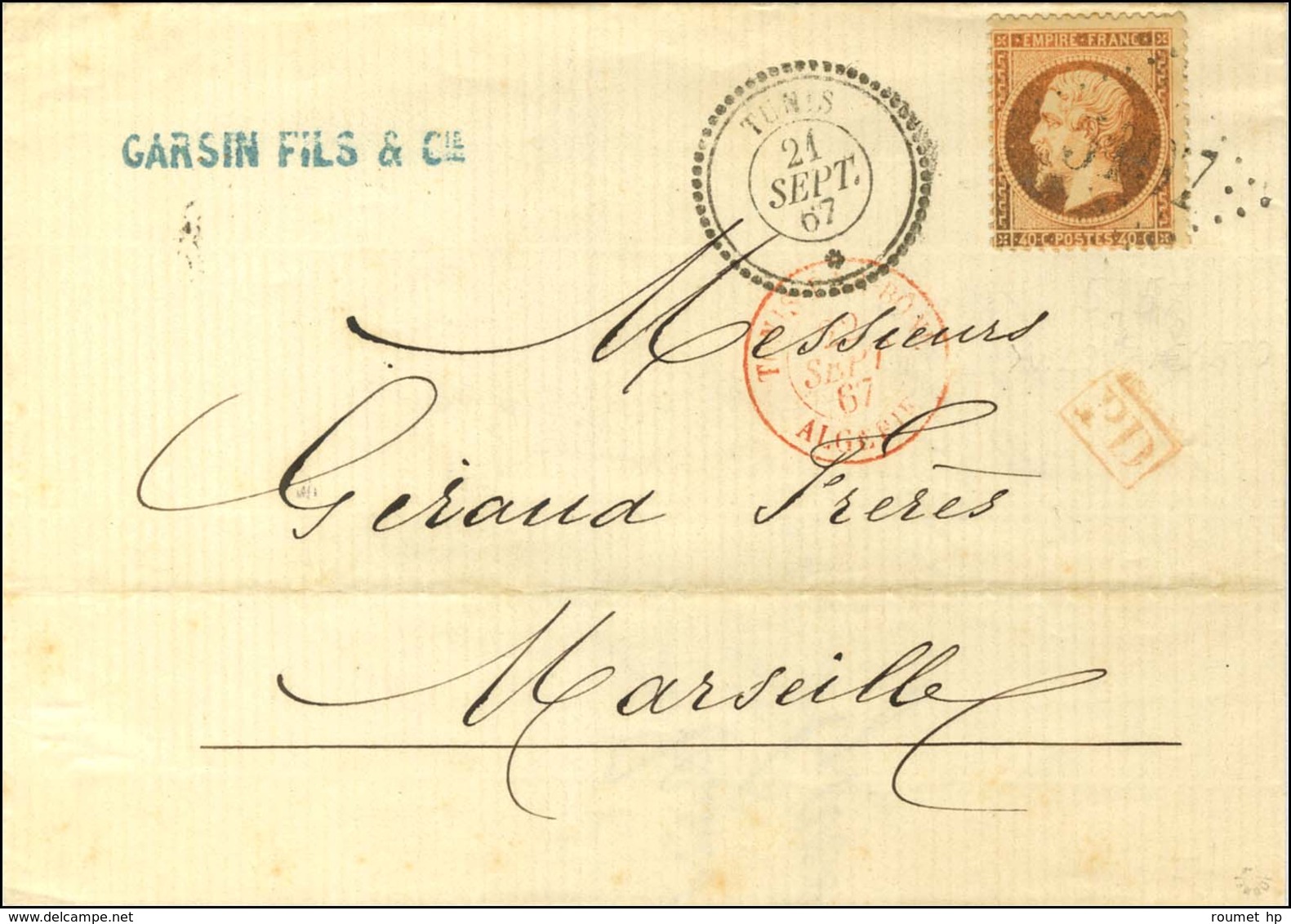 GC 5107 / N° 23 Càd TUNIS / * Sur Lettre Pour Marseille. 1867. - TB / SUP. - Schiffspost