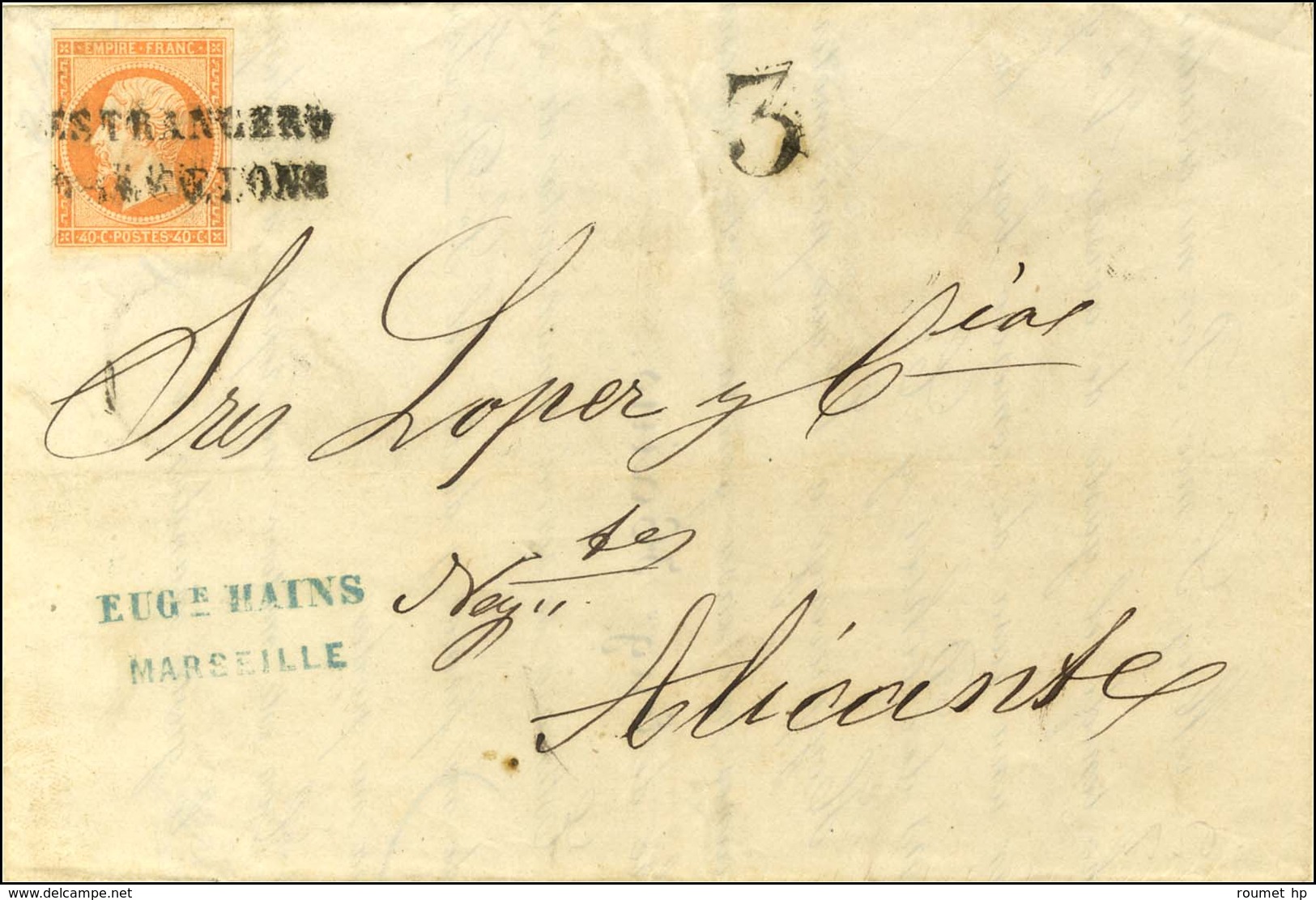 Griffe ESTRANGERO / BARCELONA / N° 16 Sur Lettre De Marseille Pour Alicante. 1861. - TB. - Correo Marítimo