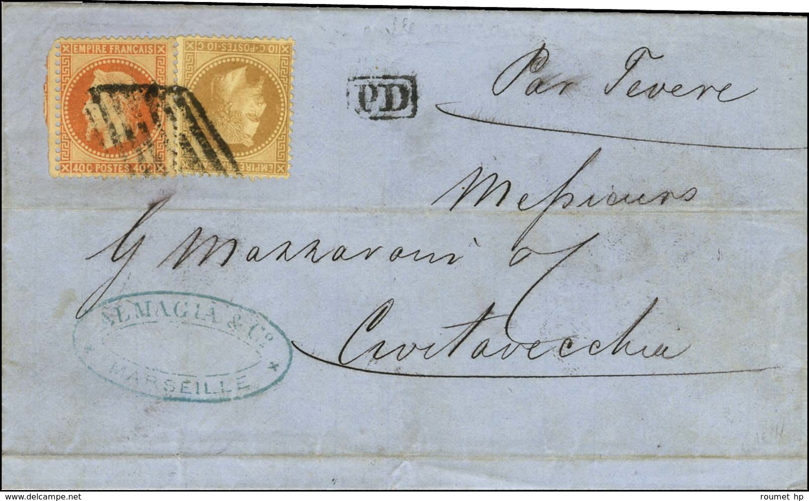 Grille De Civitta Vecchia / N° 28 + 31 Sur Lettre De Marseille Pour Civitta Vecchia. 1869. - TB. - Schiffspost