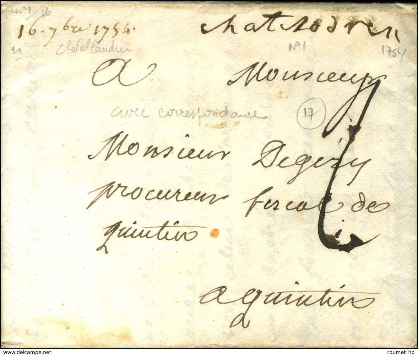 '' Chatelodren '' (Chatellaudren L N° 1) Sur Enveloppe Avec Texte Daté 1754. - TB. - 1701-1800: Vorläufer XVIII