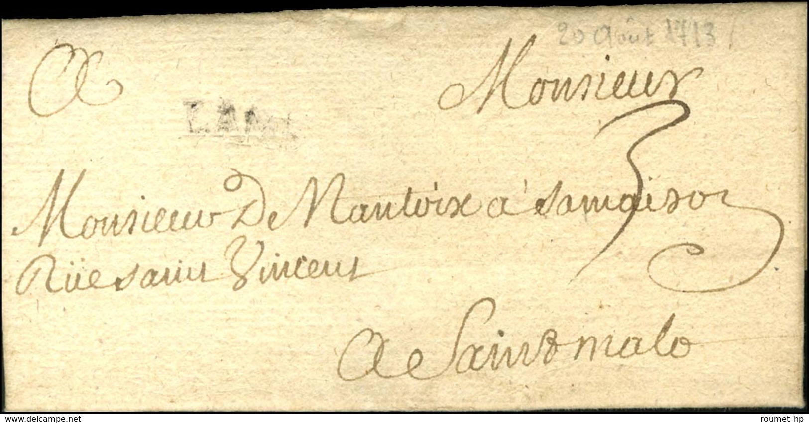 LAMB (Lamballe) (L N° 1) Sur Lettre Avec Texte Daté 1713. - TB. - 1701-1800: Precursores XVIII