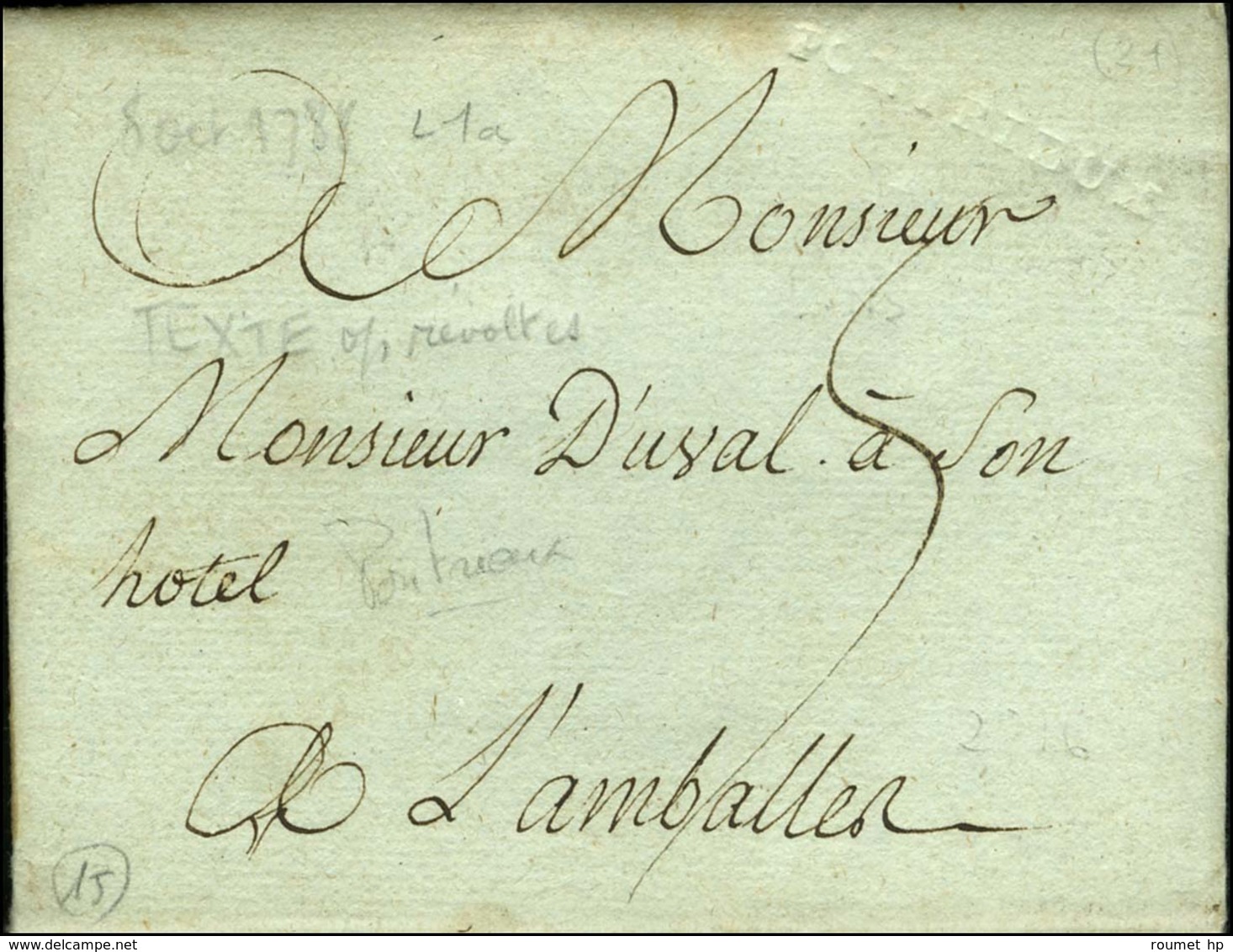 PONTRIEUX (à Sec) (L N° 1a) Sur Lettre Avec Très Bon Texte. 1788. - TB. - 1701-1800: Precursores XVIII